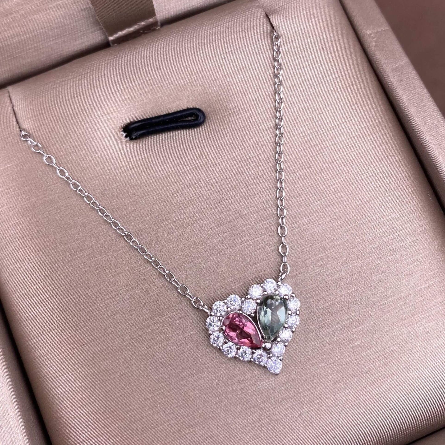 Black Opal Opal, Pink topaz, tourmaline S925 necklace, silver inlaid with full diamonds, exquisite light luxury evening wear chain fashionable office lady