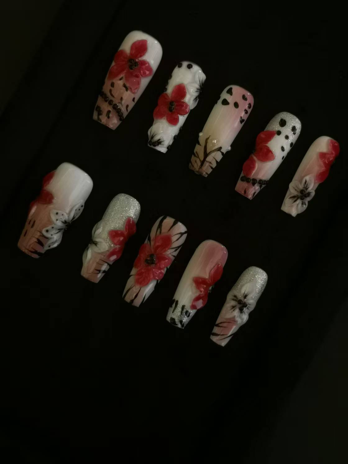 NO:1009 Acrylic 3D Red Flower Garden Design Press on nails square coffin stiletto reusable durable trendy 2025