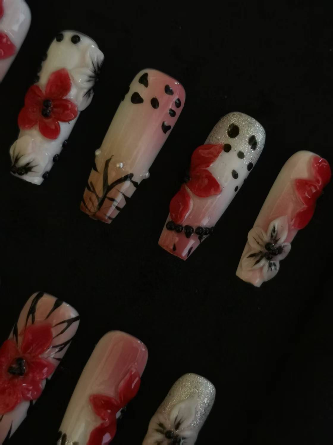 NO:1009 Acrylic 3D Red Flower Garden Design Press on nails square coffin stiletto reusable durable trendy 2025