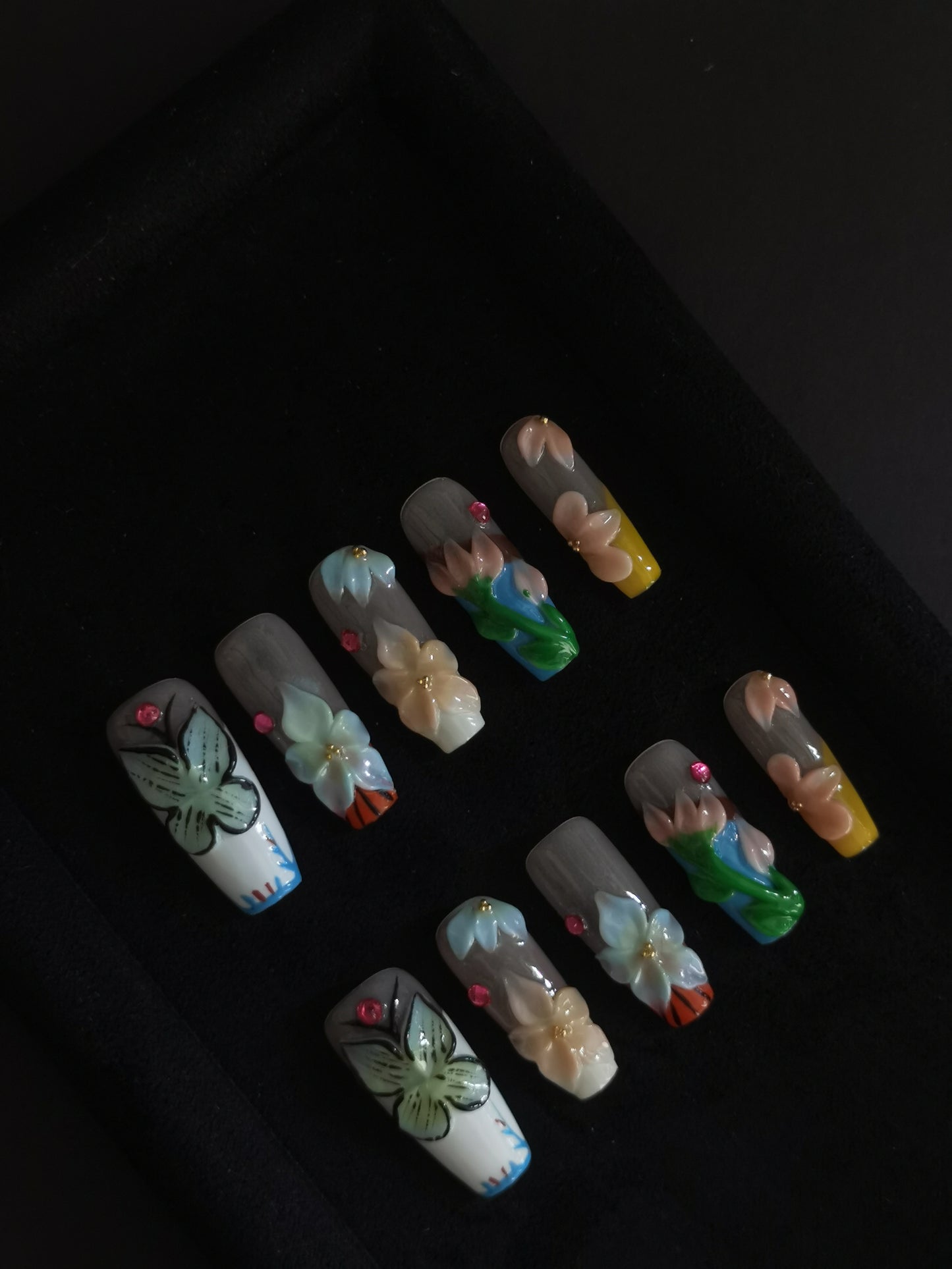NO:1008 Acrylic 3D Flower Garden Design Press on nails square coffin stiletto reusable durable trendy 2025
