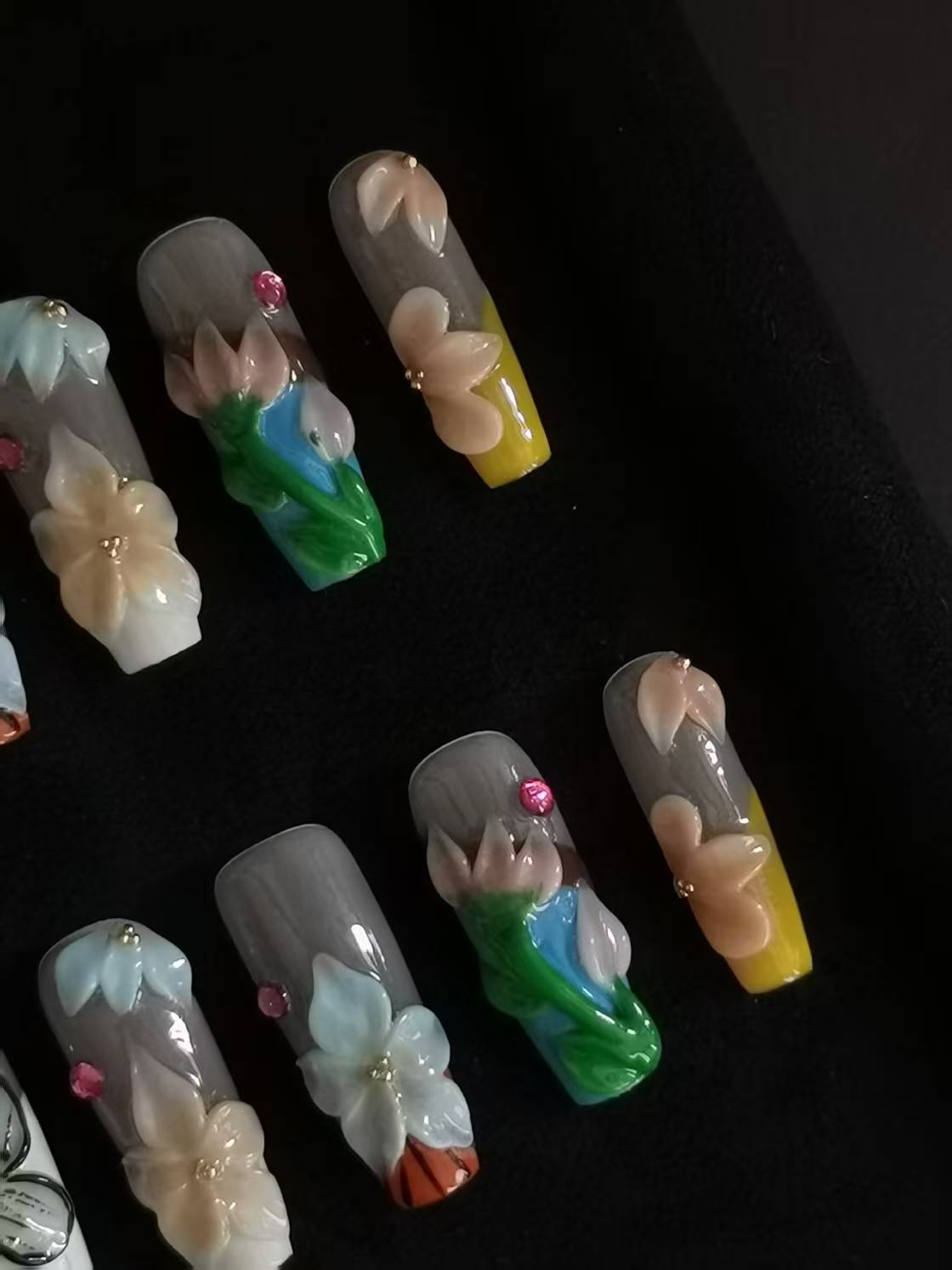 NO:1008 Acrylic 3D Flower Garden Design Press on nails square coffin stiletto reusable durable trendy 2025