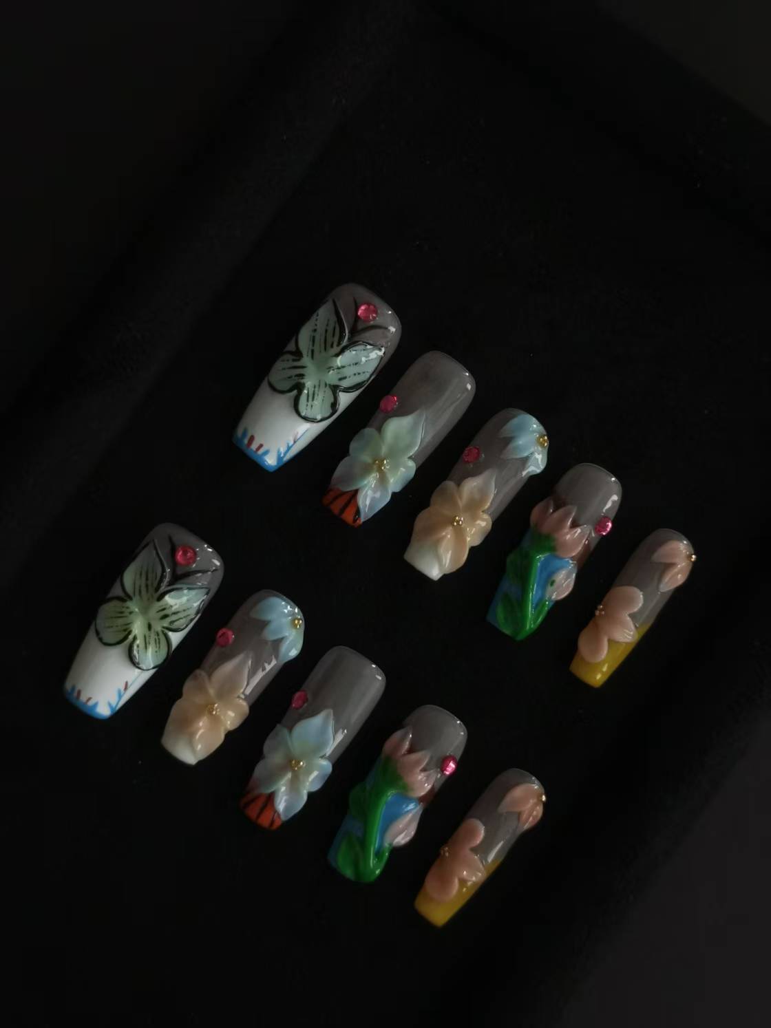 NO:1008 Acrylic 3D Flower Garden Design Press on nails square coffin stiletto reusable durable trendy 2025