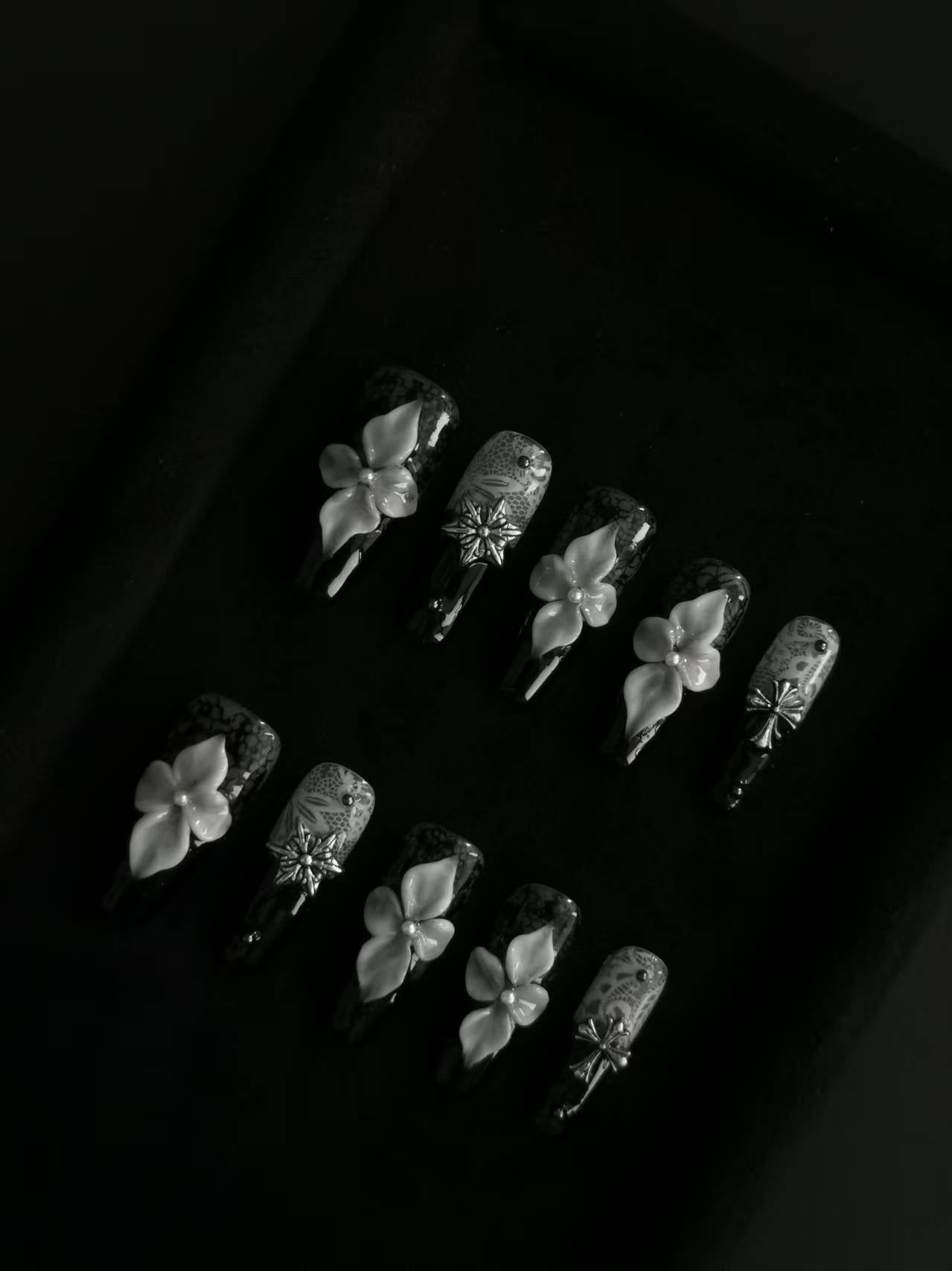 NO:1013 Acrylic 3D Flower Lace Design Press on nails square coffin stiletto reusable durable trendy 2025