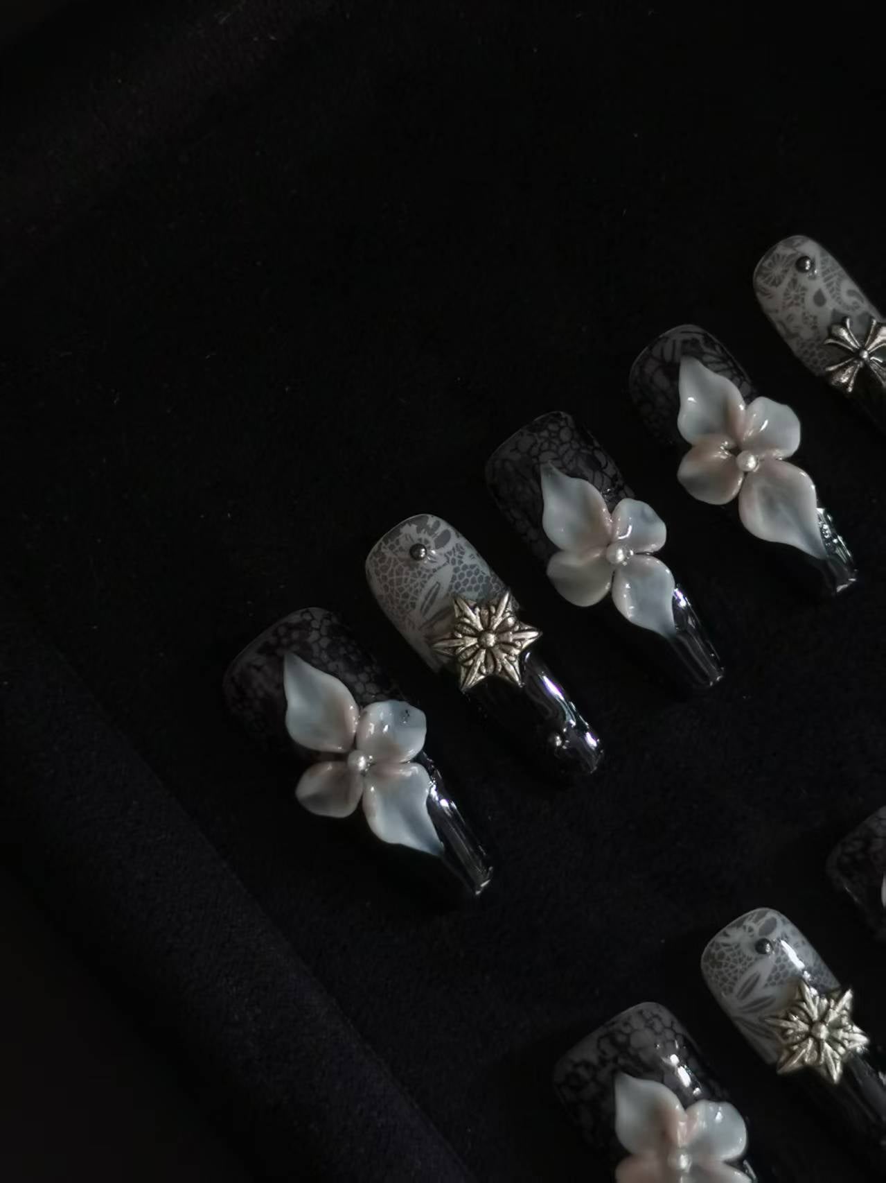 NO:1013 Acrylic 3D Flower Lace Design Press on nails square coffin stiletto reusable durable trendy 2025