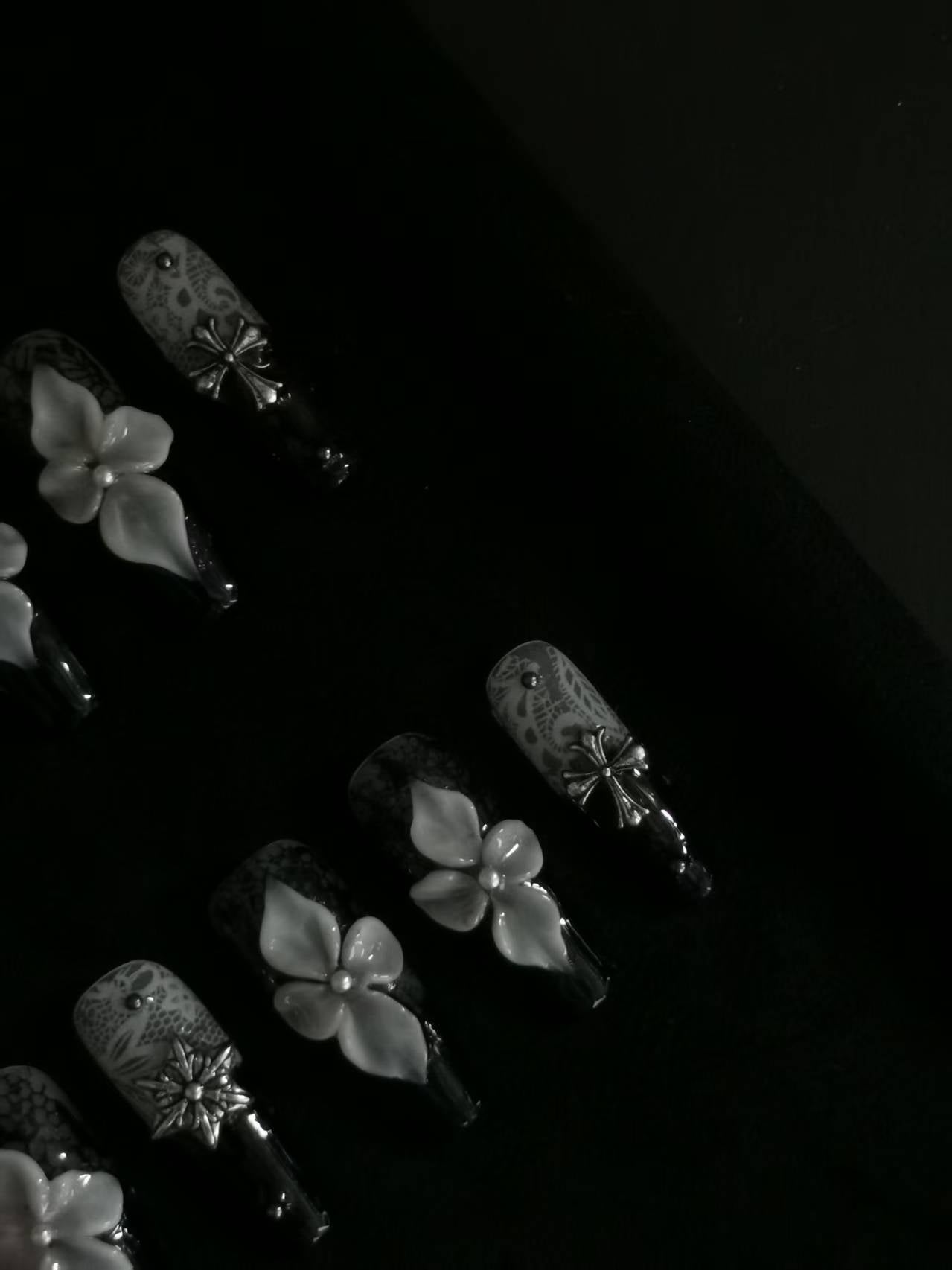 NO:1013 Acrylic 3D Flower Lace Design Press on nails square coffin stiletto reusable durable trendy 2025