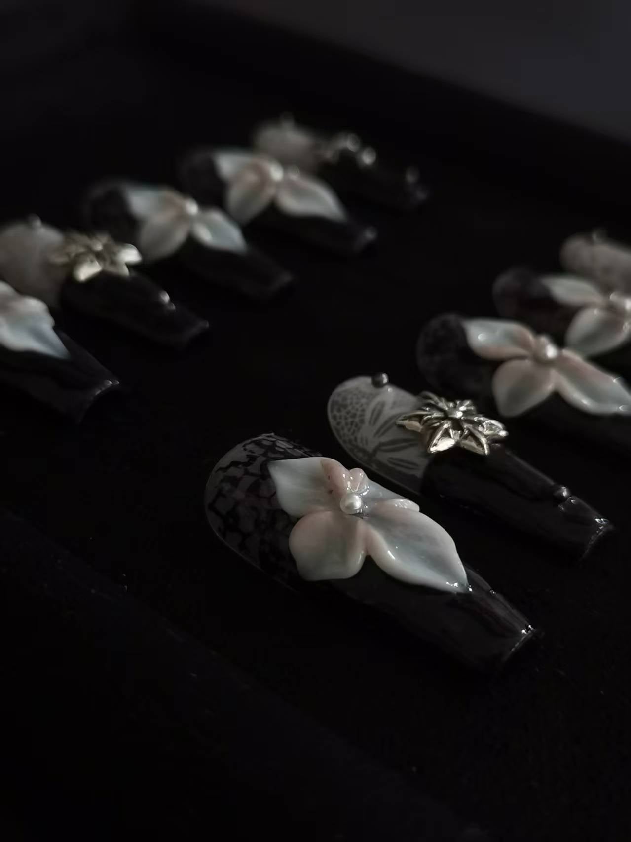 NO:1013 Acrylic 3D Flower Lace Design Press on nails square coffin stiletto reusable durable trendy 2025