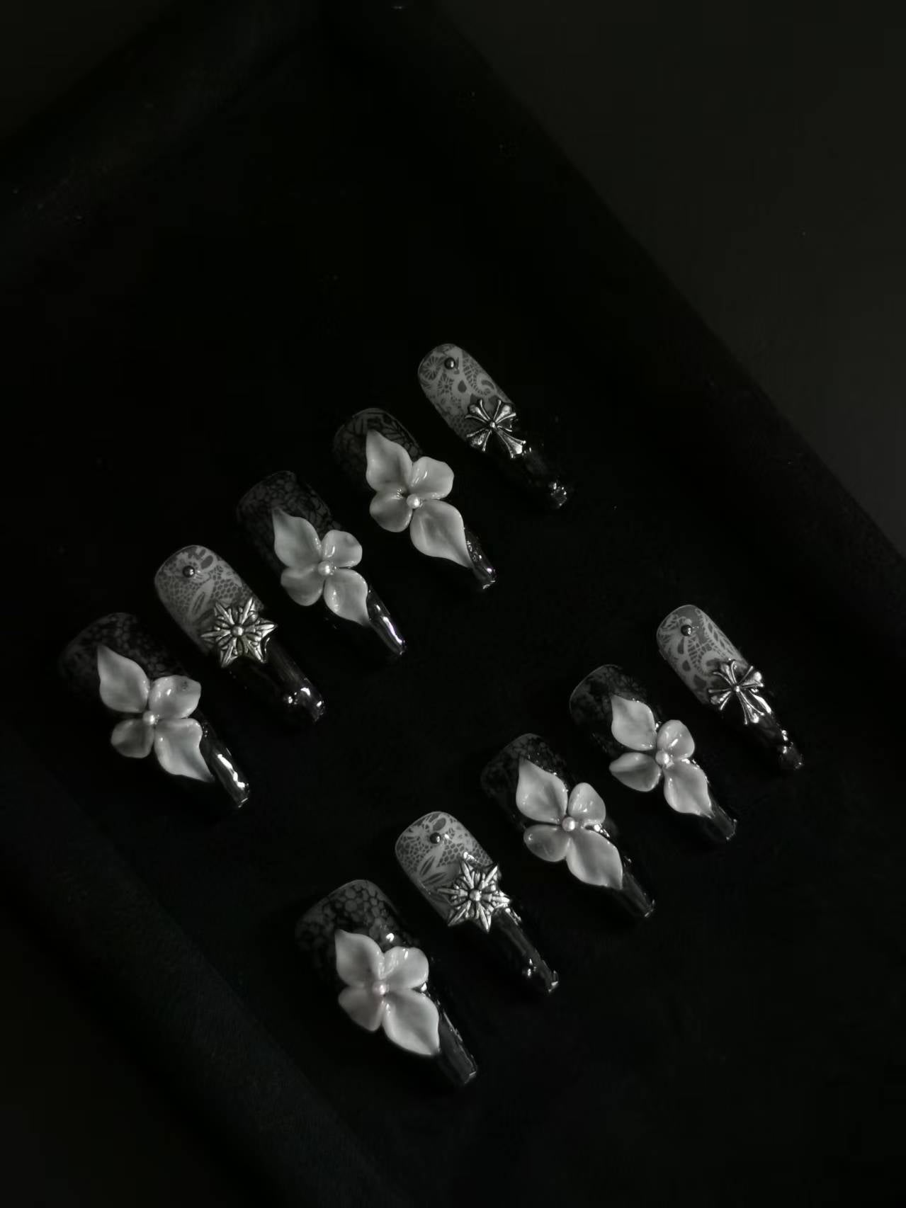 NO:1013 Acrylic 3D Flower Lace Design Press on nails square coffin stiletto reusable durable trendy 2025