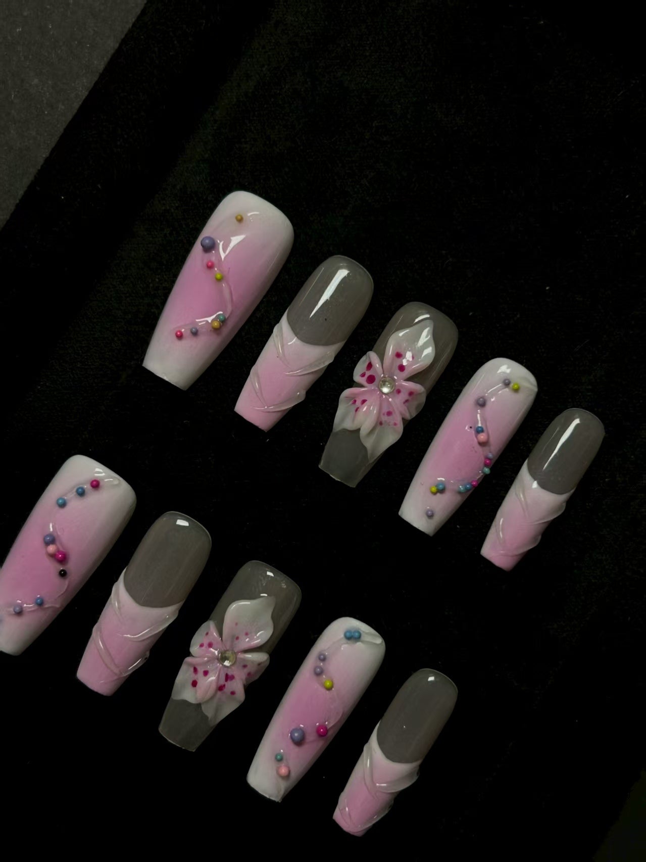 NO:1010 Acrylic 3D Flower Design Multiple Dots Press on nails square coffin stiletto reusable durable trendy 2025
