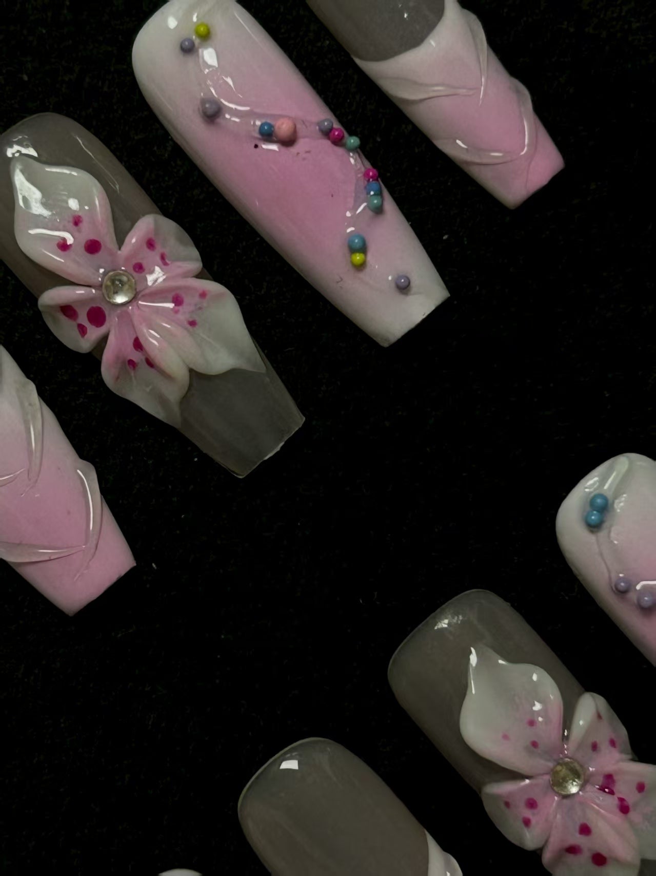 NO:1010 Acrylic 3D Flower Design Multiple Dots Press on nails square coffin stiletto reusable durable trendy 2025