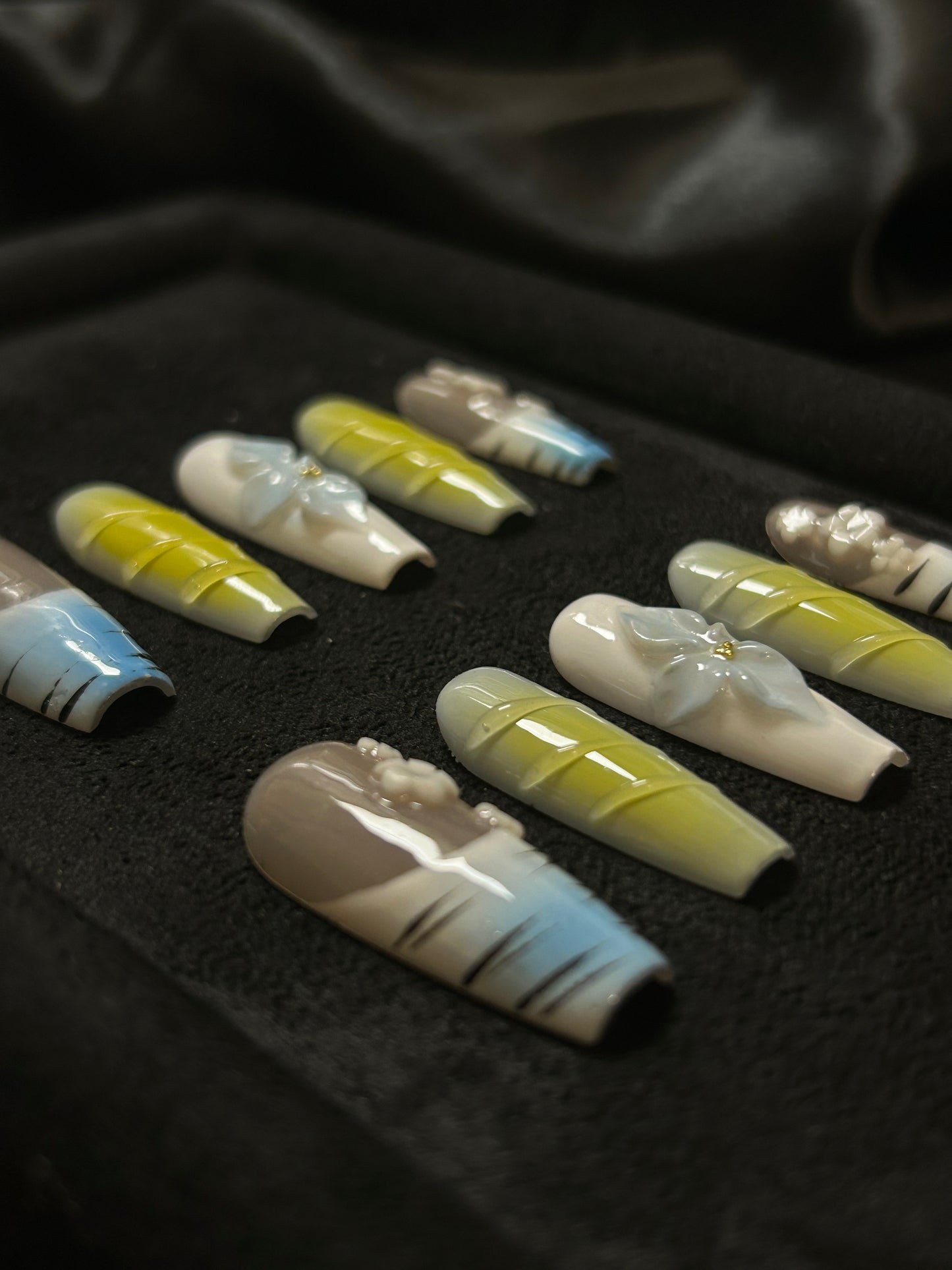 NO:1017 Acrylic 3D Flower Design Green Blue Press on nails square coffin stiletto reusable durable trendy 2025