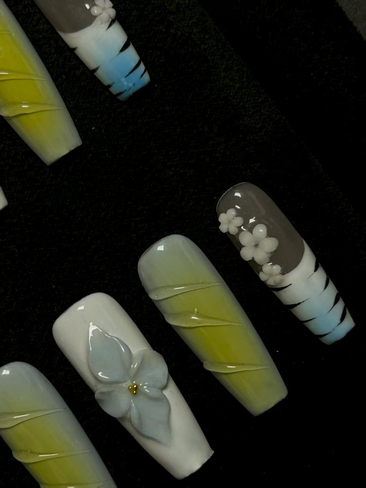 NO:1017 Acrylic 3D Flower Design Green Blue Press on nails square coffin stiletto reusable durable trendy 2025