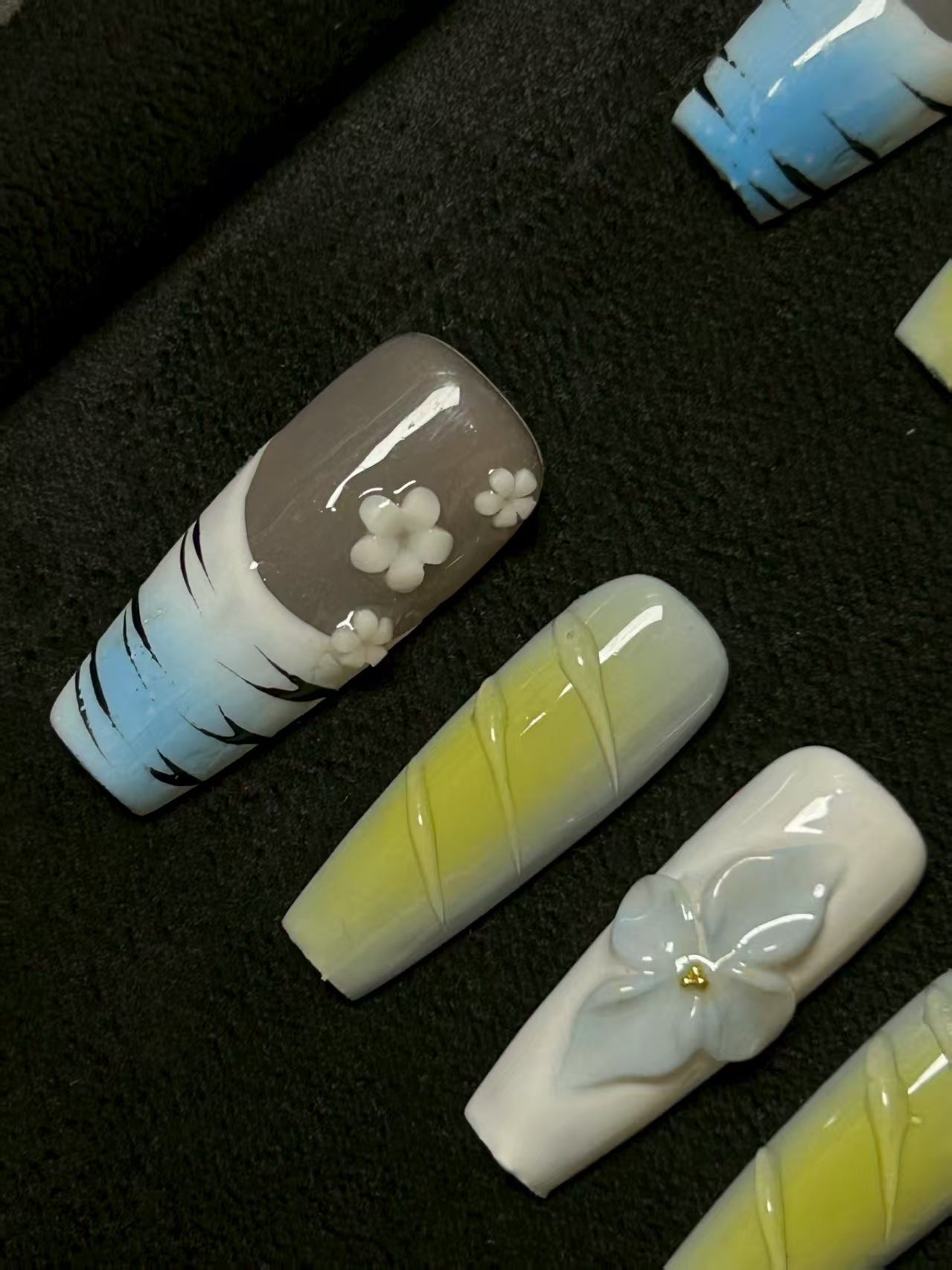 NO:1017 Acrylic 3D Flower Design Green Blue Press on nails square coffin stiletto reusable durable trendy 2025