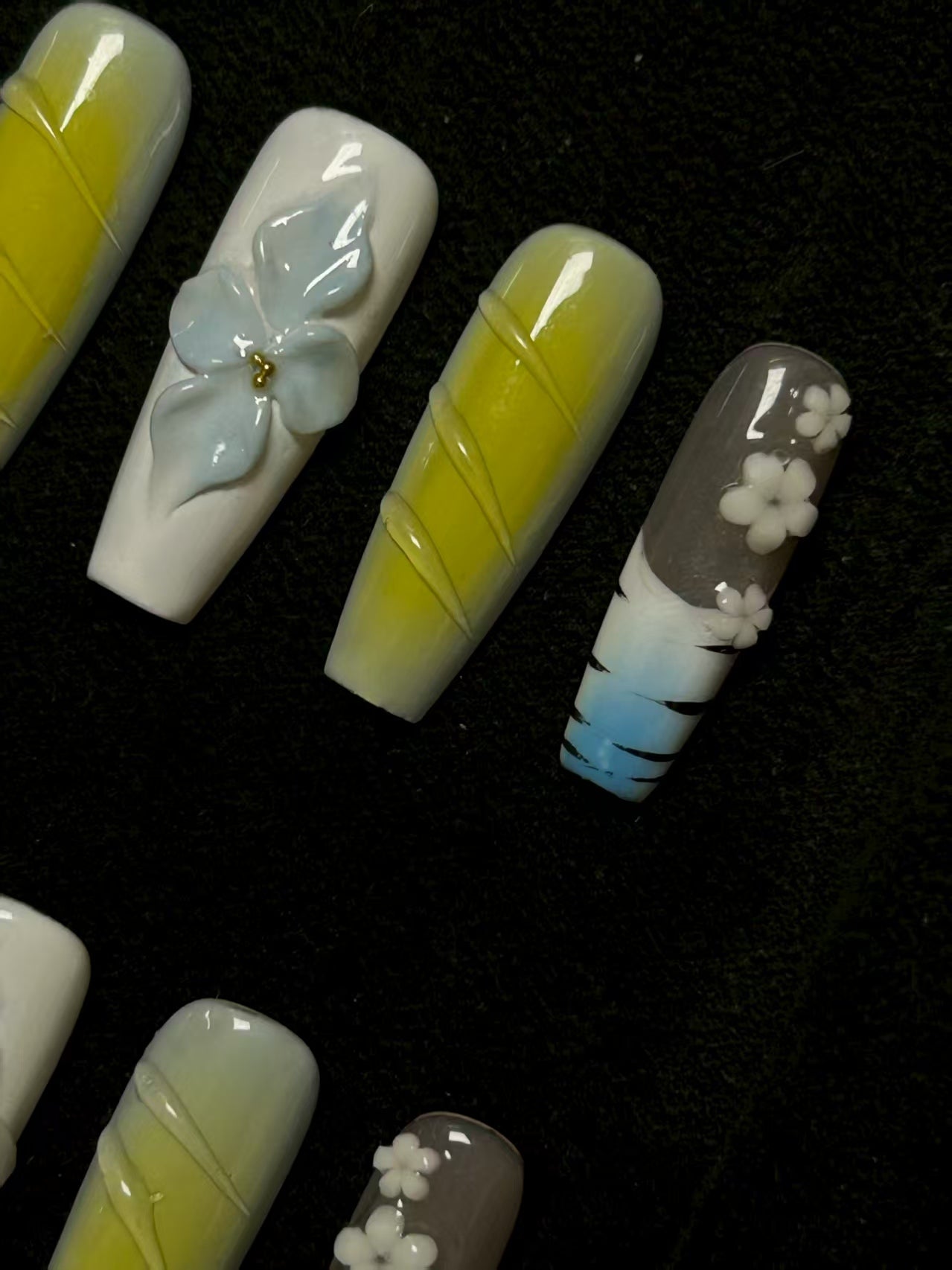 NO:1017 Acrylic 3D Flower Design Green Blue Press on nails square coffin stiletto reusable durable trendy 2025