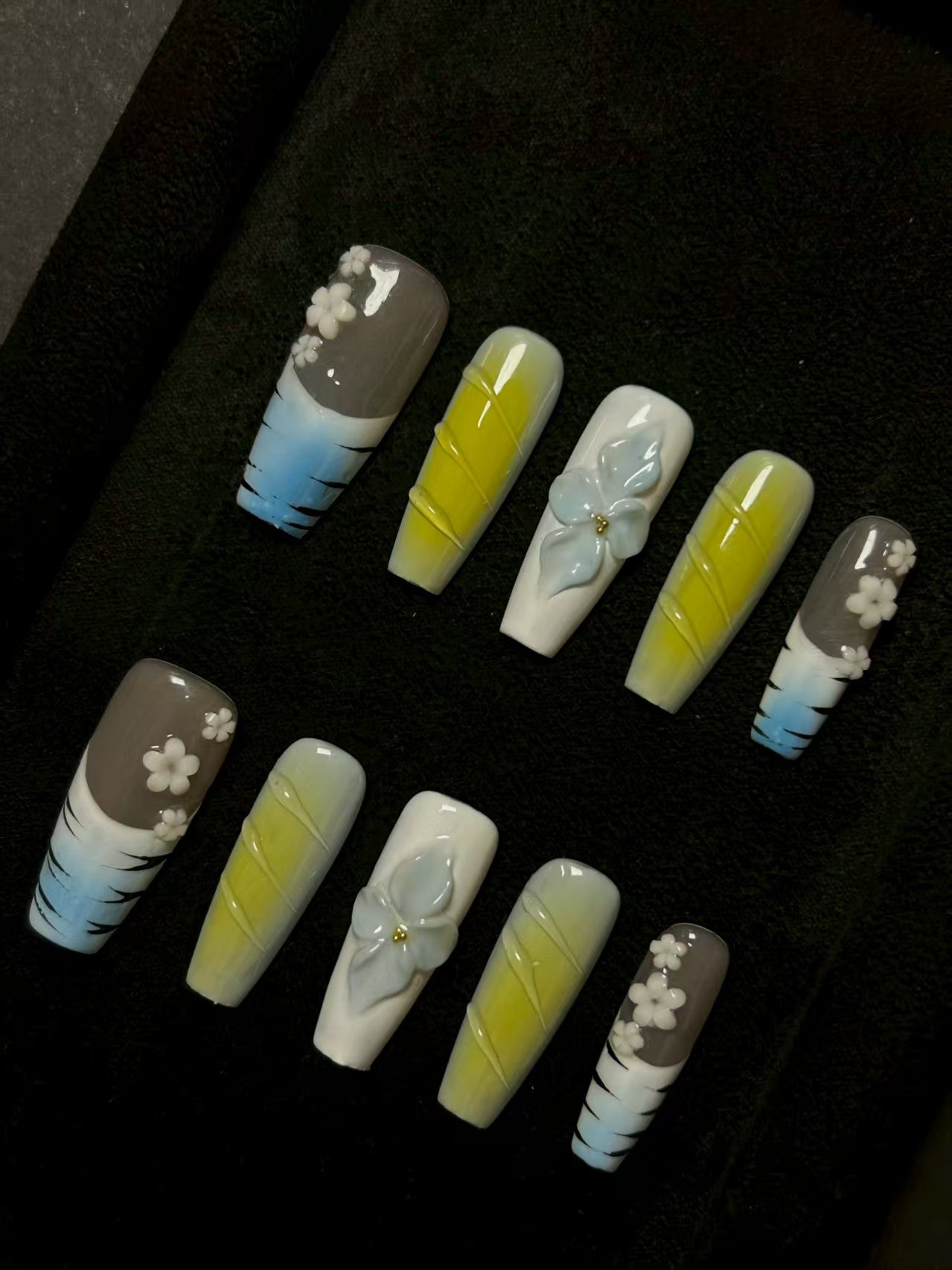 NO:1017 Acrylic 3D Flower Design Green Blue Press on nails square coffin stiletto reusable durable trendy 2025