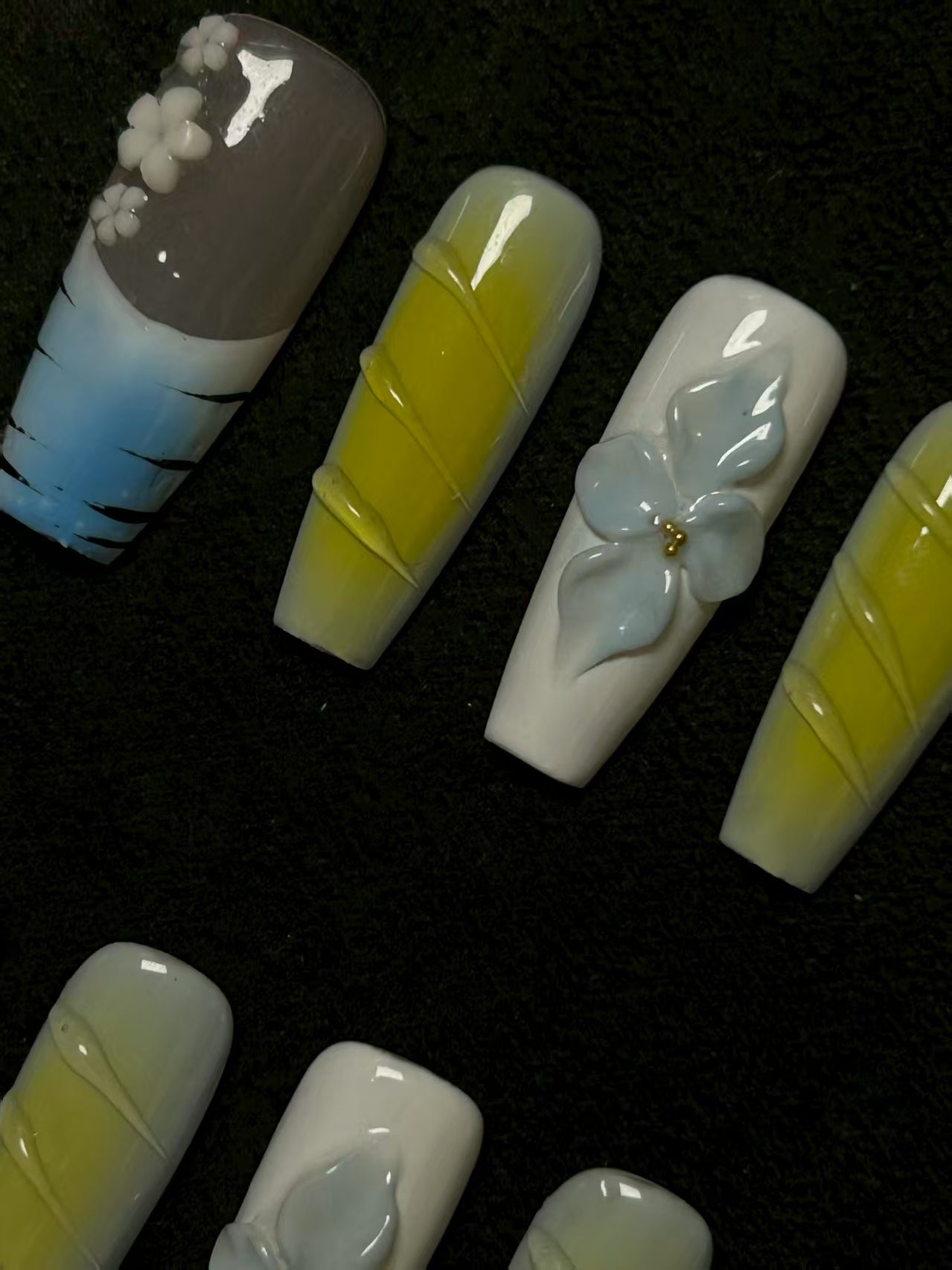 NO:1017 Acrylic 3D Flower Design Green Blue Press on nails square coffin stiletto reusable durable trendy 2025