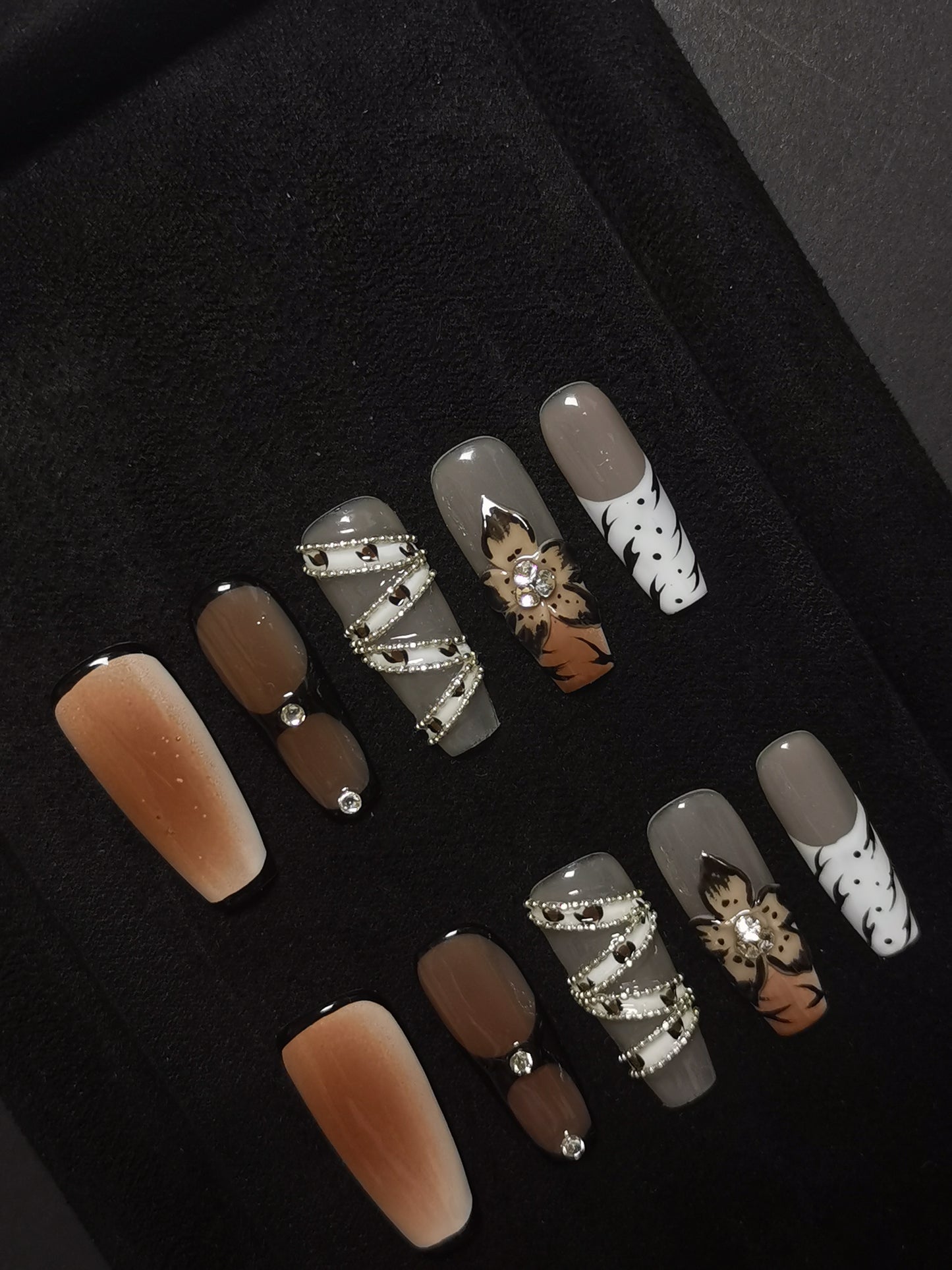 NO:1011 Acrylic 3D Flower Belt Design Autumn Fall Press on nails square coffin stiletto reusable durable trendy 2025
