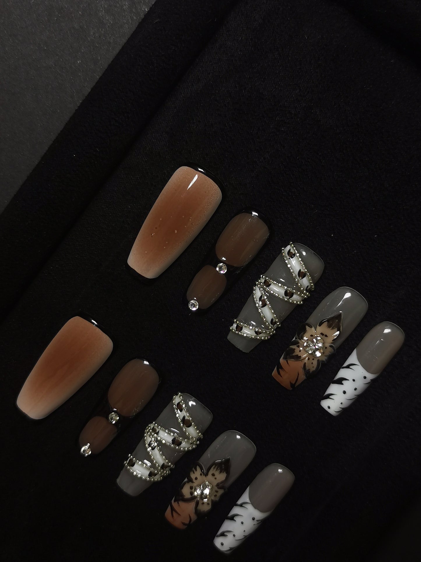 NO:1011 Acrylic 3D Flower Belt Design Autumn Fall Press on nails square coffin stiletto reusable durable trendy 2025