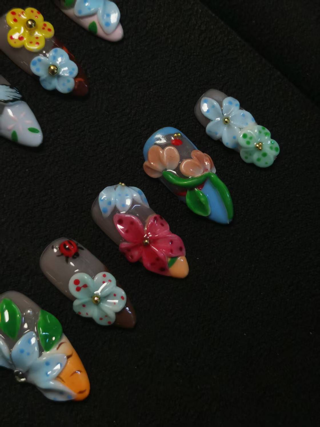 NO:1032 Acrylic 3D Flower Garden Design Press on nails Almond reusable durable trendy 2025