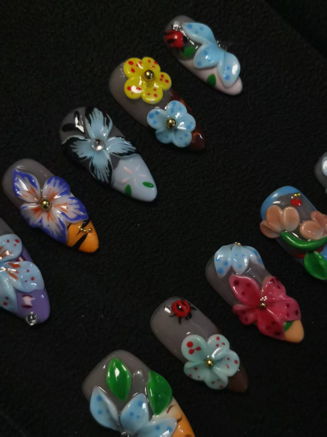 NO:1032 Acrylic 3D Flower Garden Design Press on nails Almond reusable durable trendy 2025