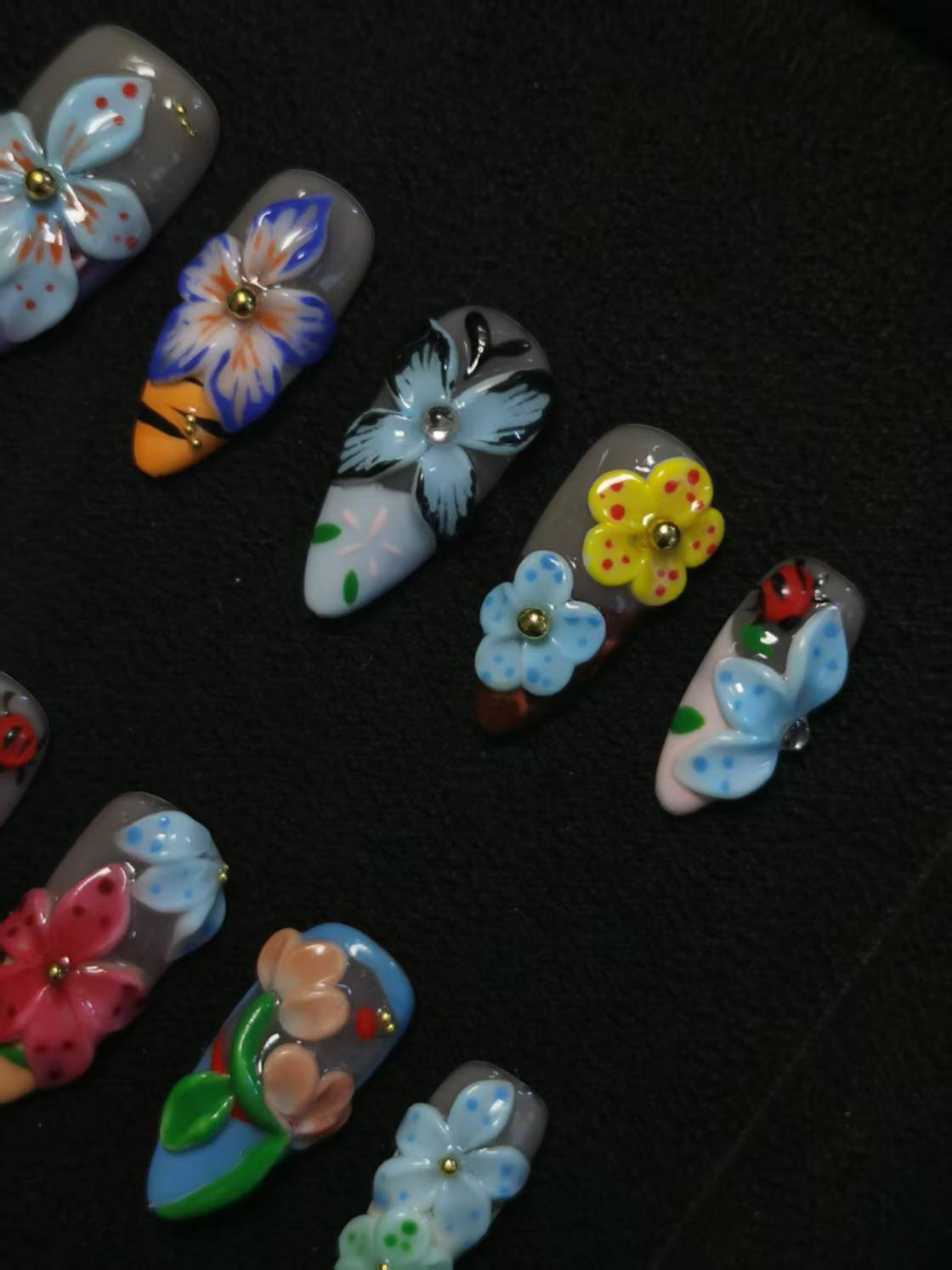 NO:1032 Acrylic 3D Flower Garden Design Press on nails Almond reusable durable trendy 2025