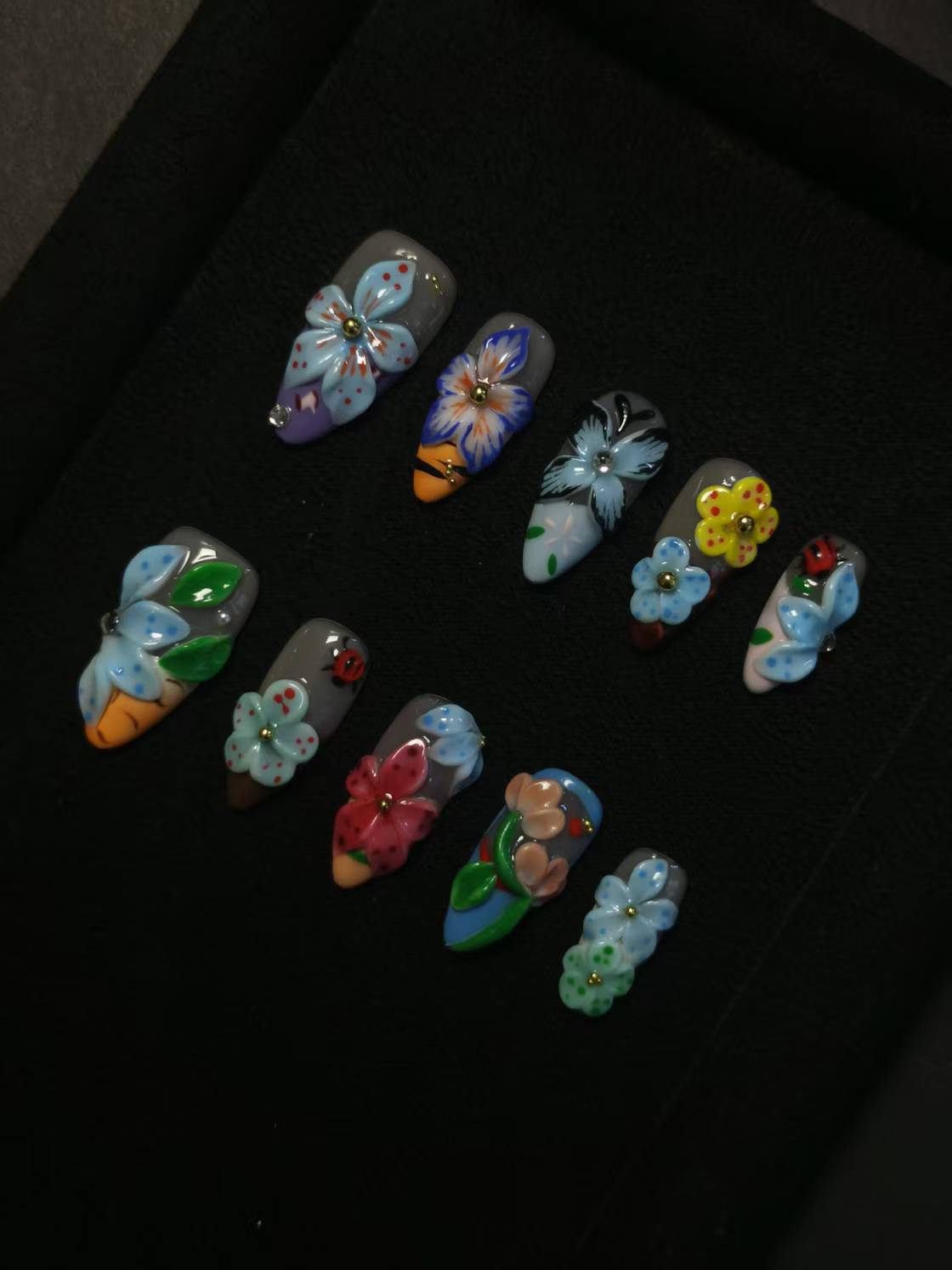 NO:1032 Acrylic 3D Flower Garden Design Press on nails Almond reusable durable trendy 2025
