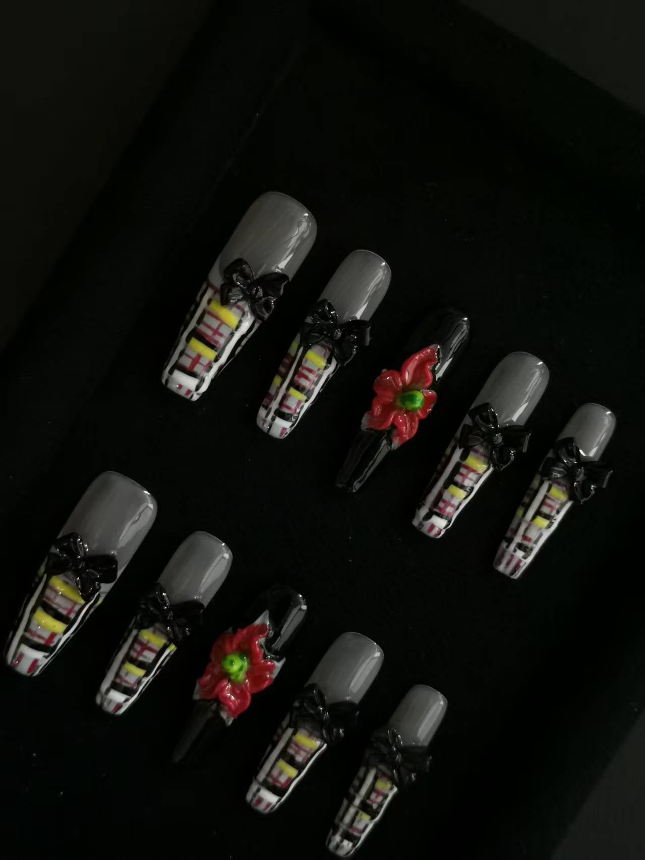 NO:1023 Acrylic 3D Flower bowknot Press on nails coffin square stiletto reusable durable trendy 2025