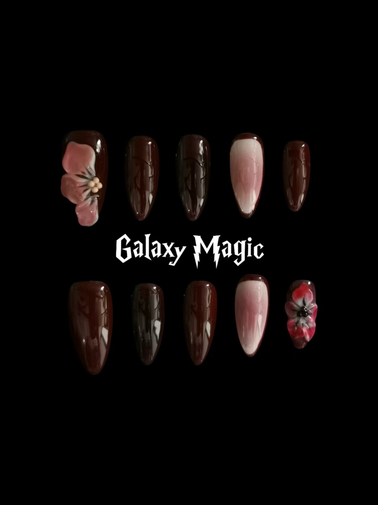 NO:1036 Acrylic 3D Flower red wine Press on nails almond reusable durable trendy 2025