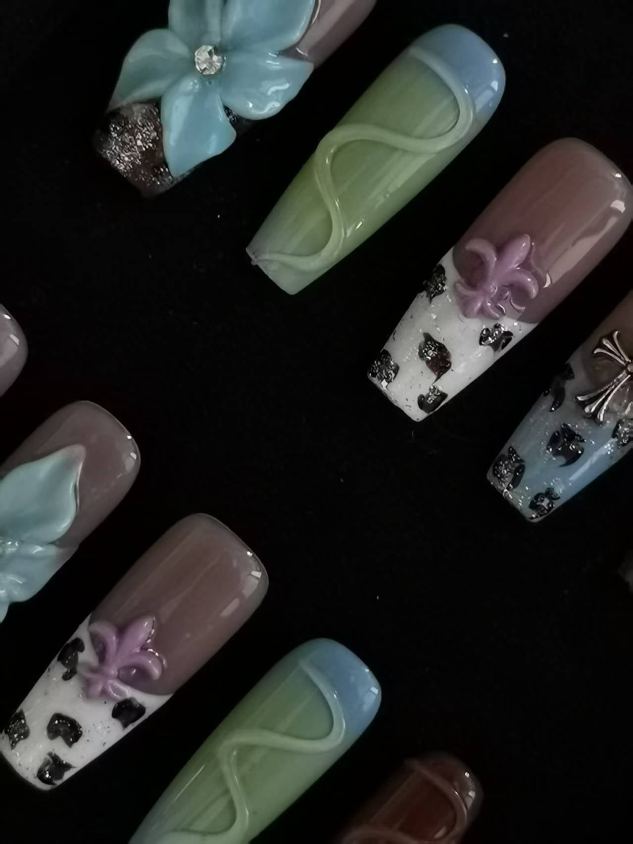 Handmade Acrylic 3D Flower Press on nails coffin square stiletto reusable durable NO:1014