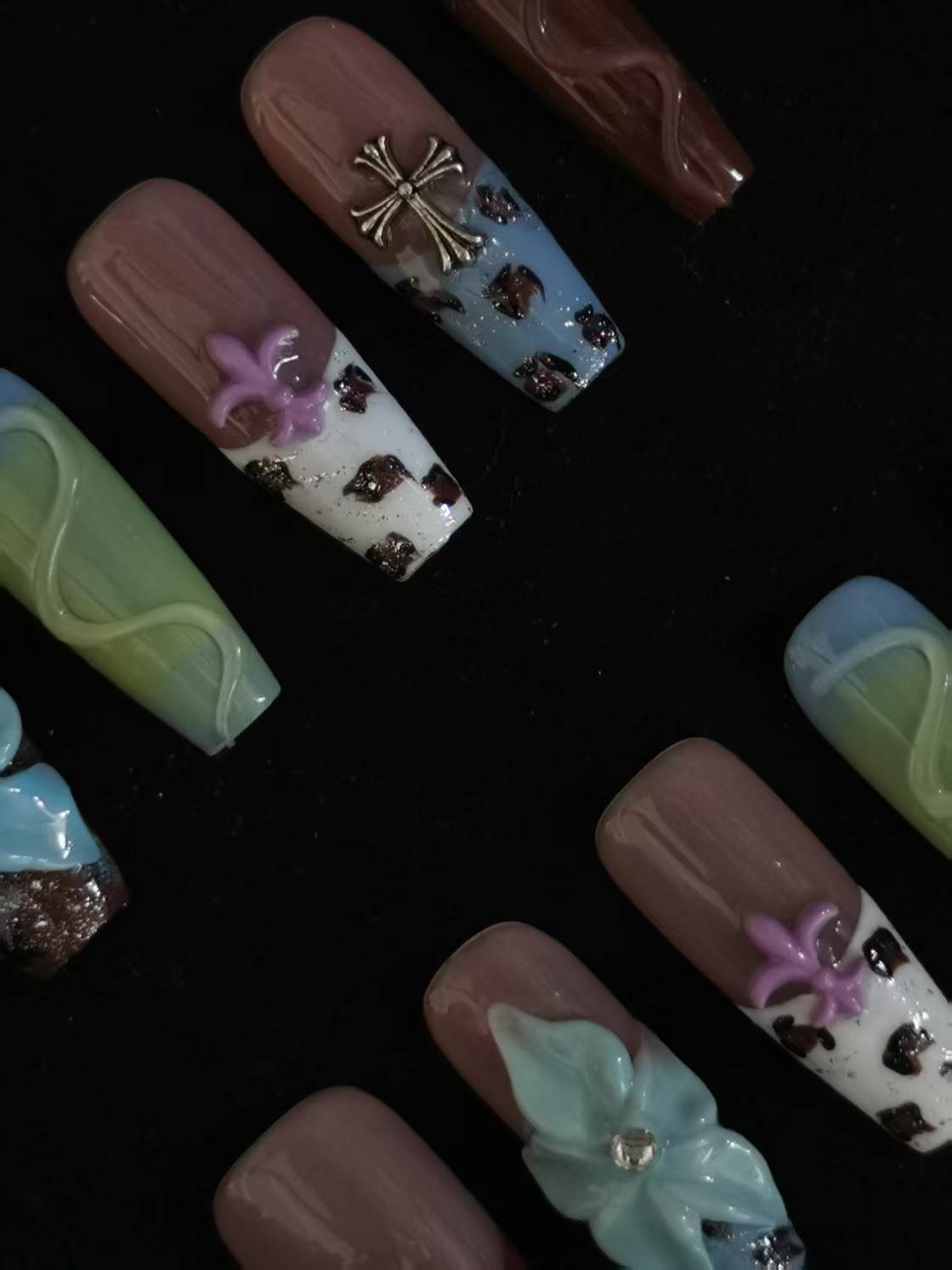 Handmade Acrylic 3D Flower Press on nails coffin square stiletto reusable durable NO:1014
