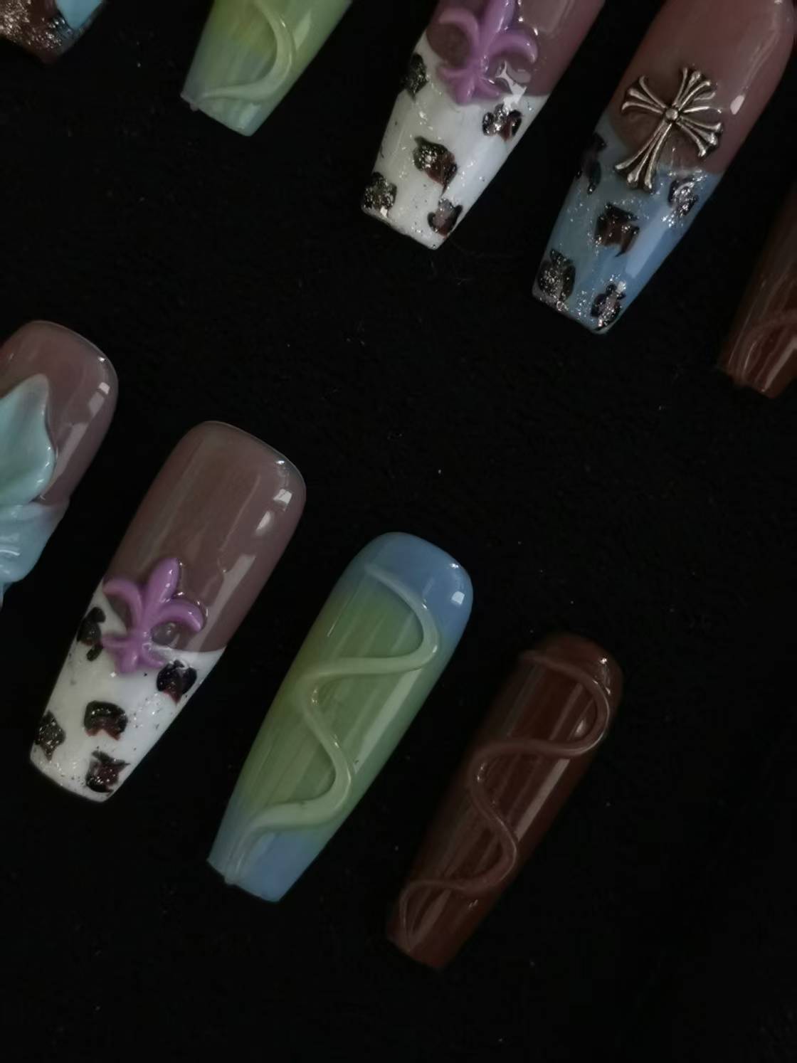 Handmade Acrylic 3D Flower Press on nails coffin square stiletto reusable durable NO:1014