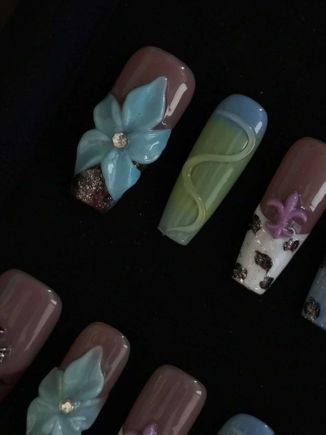 Handmade Acrylic 3D Flower Press on nails coffin square stiletto reusable durable NO:1014