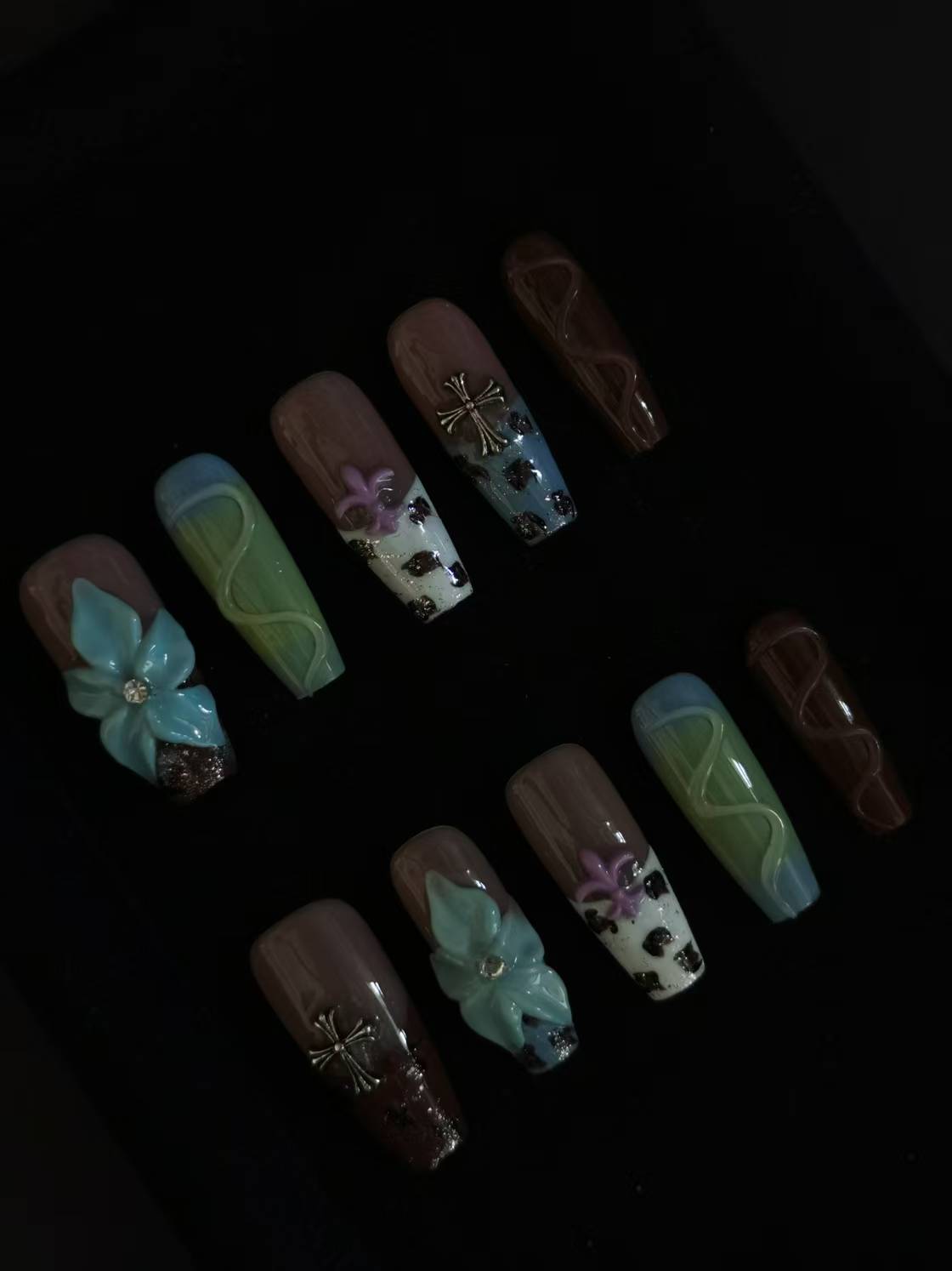 Handmade Acrylic 3D Flower Press on nails coffin square stiletto reusable durable NO:1014