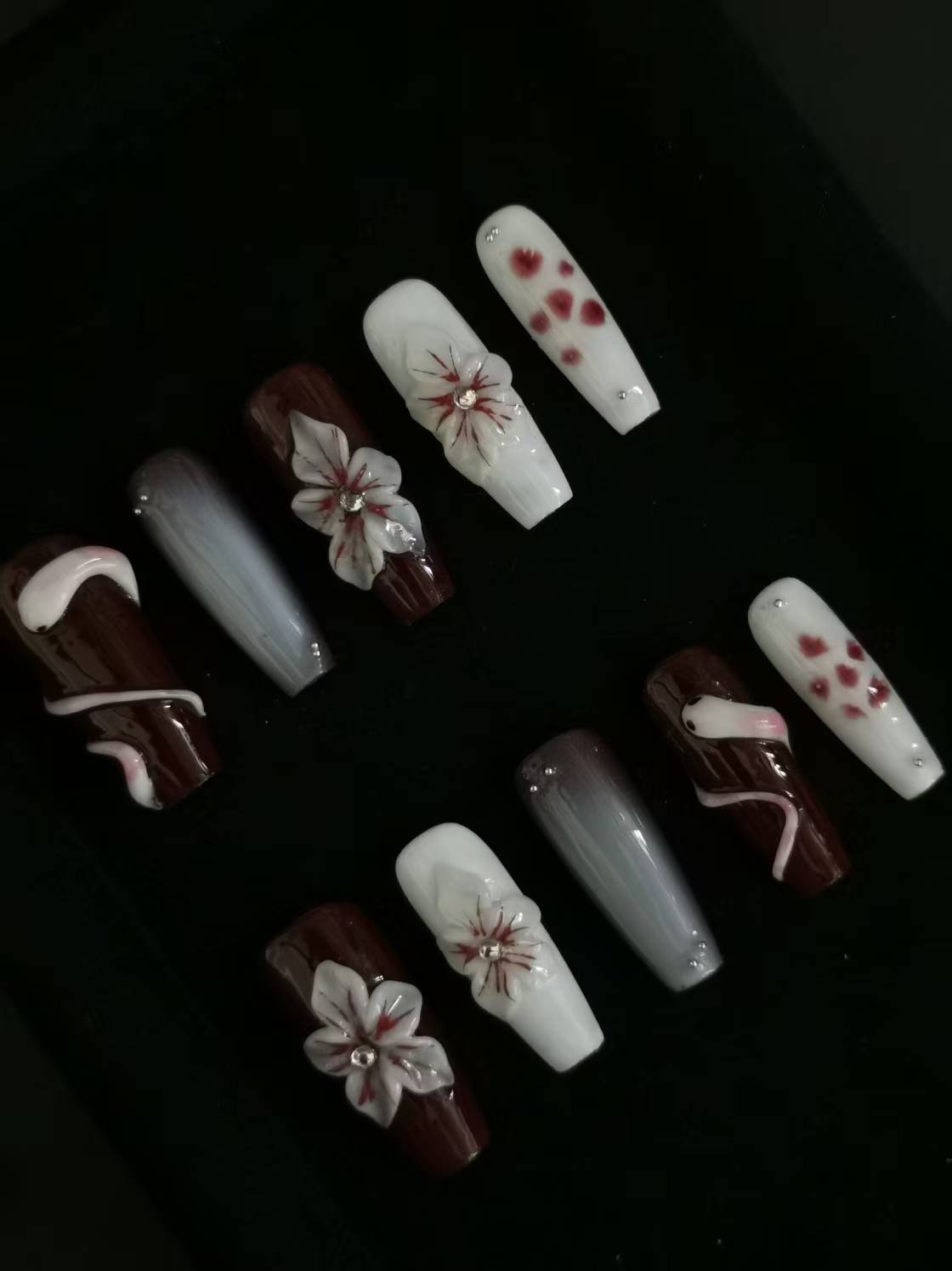 NO:1038 Acrylic 3D Flower Snake design Press on nails coffin square stiletto reusable durable trendy 2025