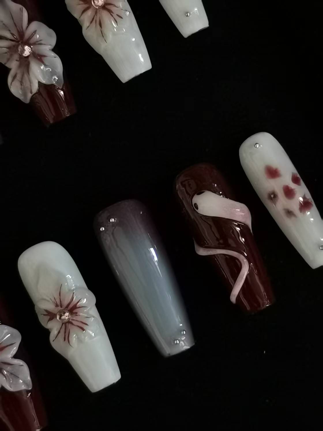NO:1038 Acrylic 3D Flower Snake design Press on nails coffin square stiletto reusable durable trendy 2025