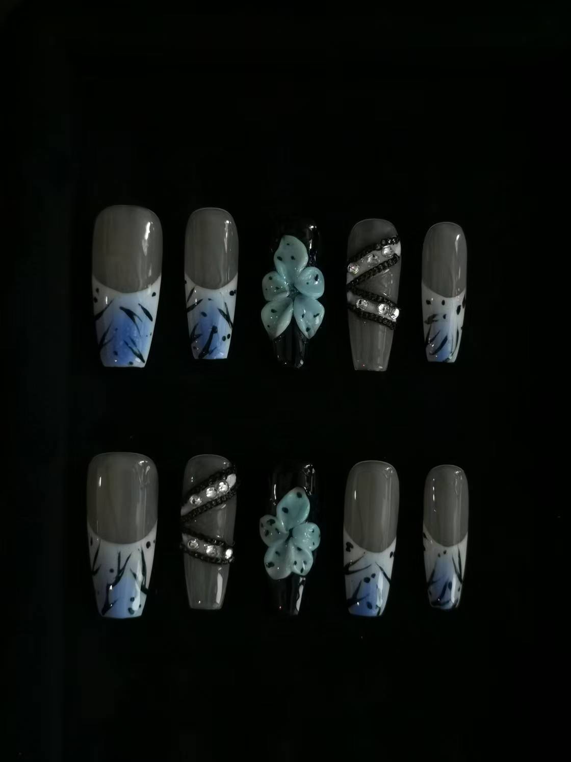 Handmade Acrylic 3D Flower Belt design Press on nails coffin square stiletto reusable durable NO:1027