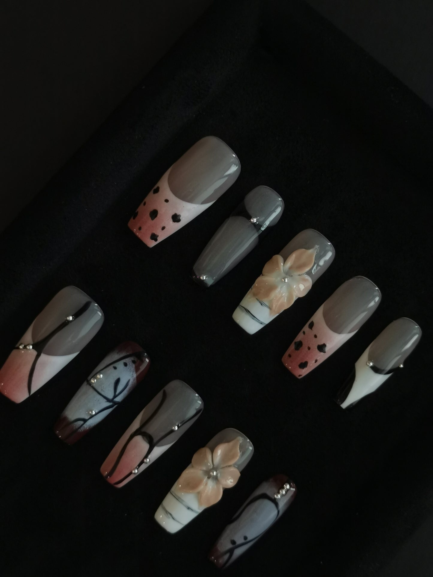 NO:1019 Acrylic Fall Autumn 3D Flower Press on nails coffin square stiletto reusable durable trendy 2025