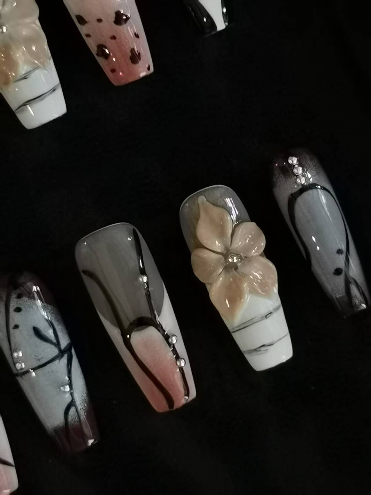 NO:1019 Acrylic Fall Autumn 3D Flower Press on nails coffin square stiletto reusable durable trendy 2025