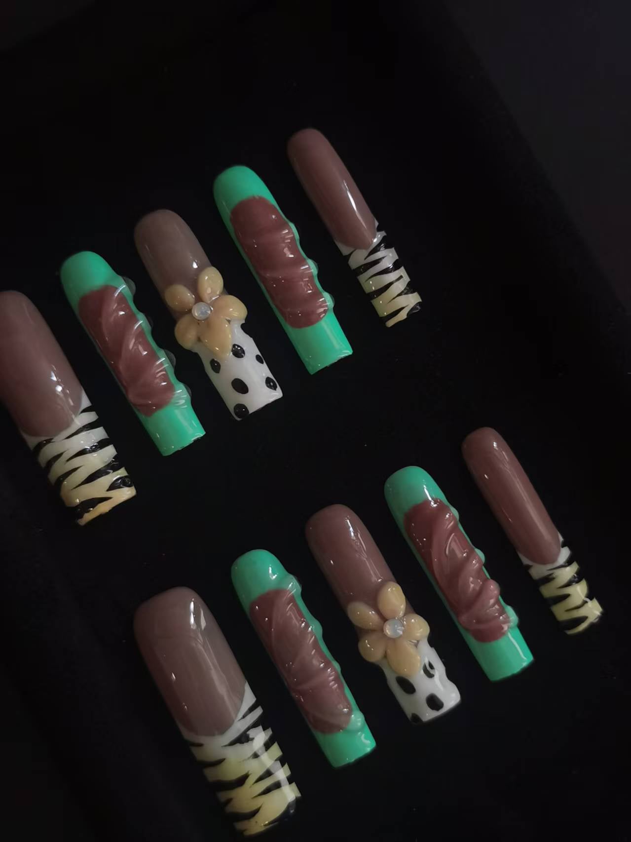 Handmade Acrylic 3D Flower Tiger Print design Press on nails coffin square stiletto reusable durable NO:1024