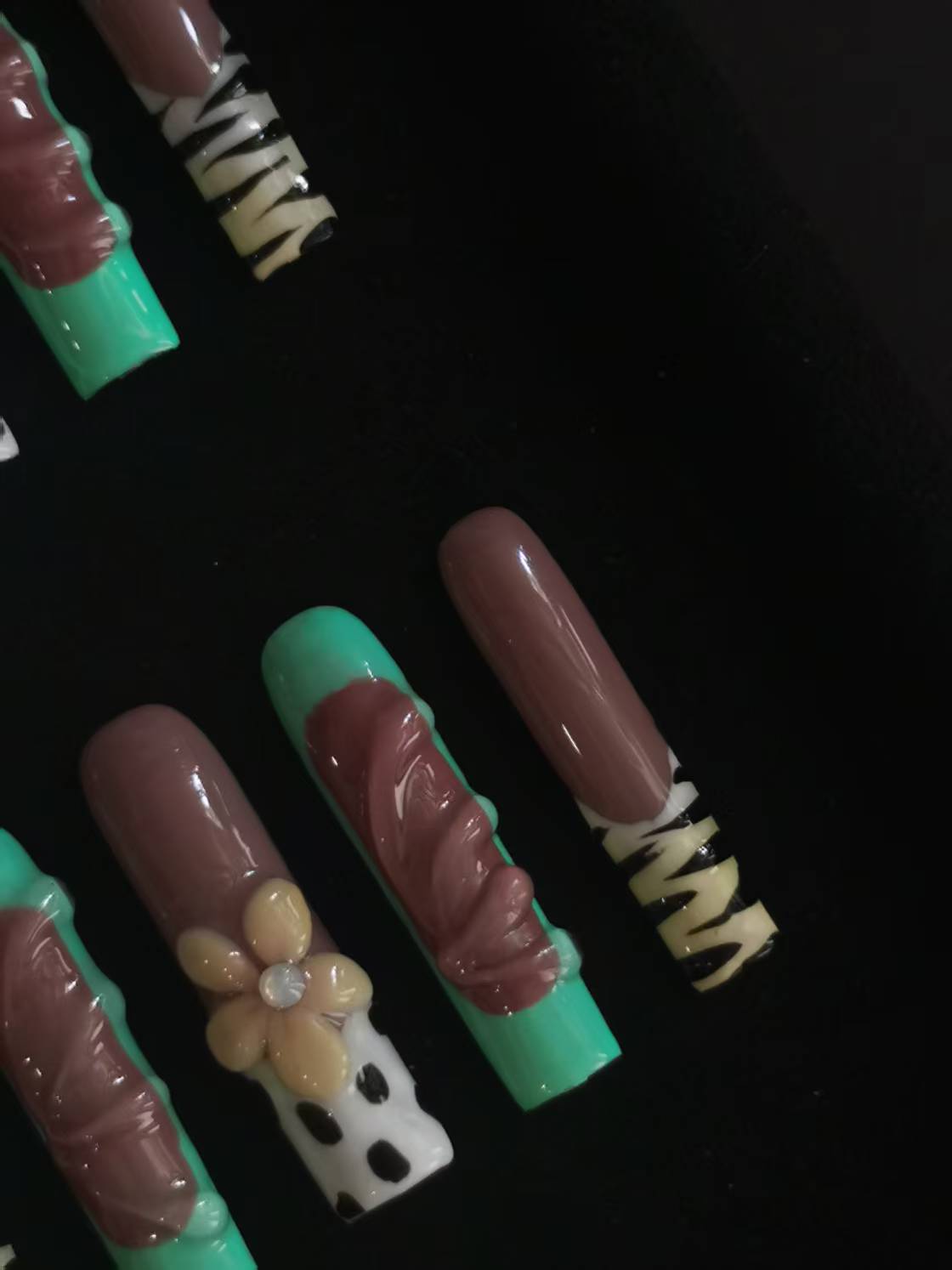 Handmade Acrylic 3D Flower Tiger Print design Press on nails coffin square stiletto reusable durable NO:1024