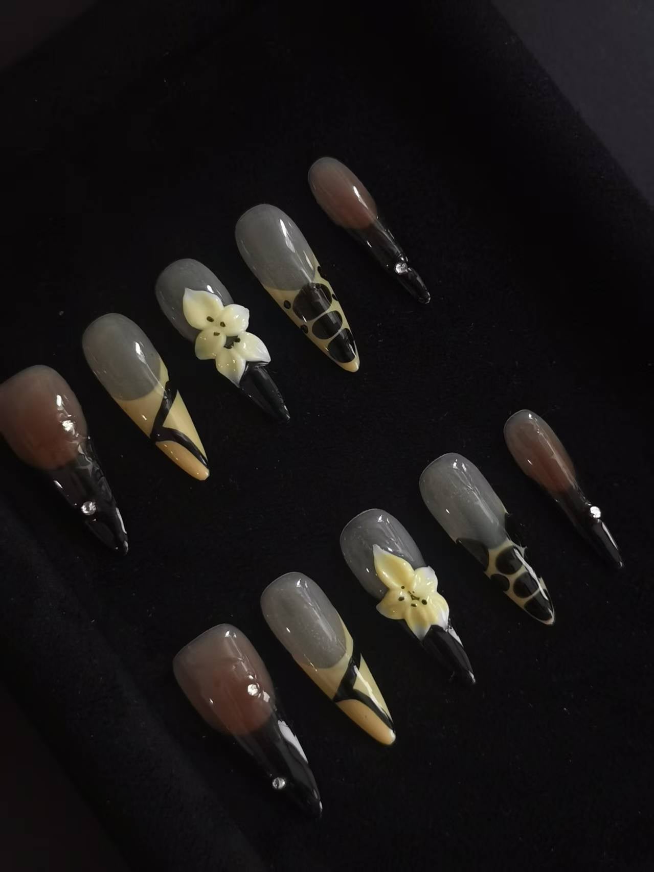 Handmade Acrylic 3D Flower design Press on nails coffin square stiletto reusable durable NO:1030