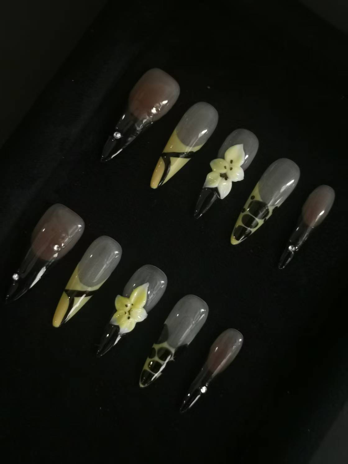 Handmade Acrylic 3D Flower design Press on nails coffin square stiletto reusable durable NO:1030