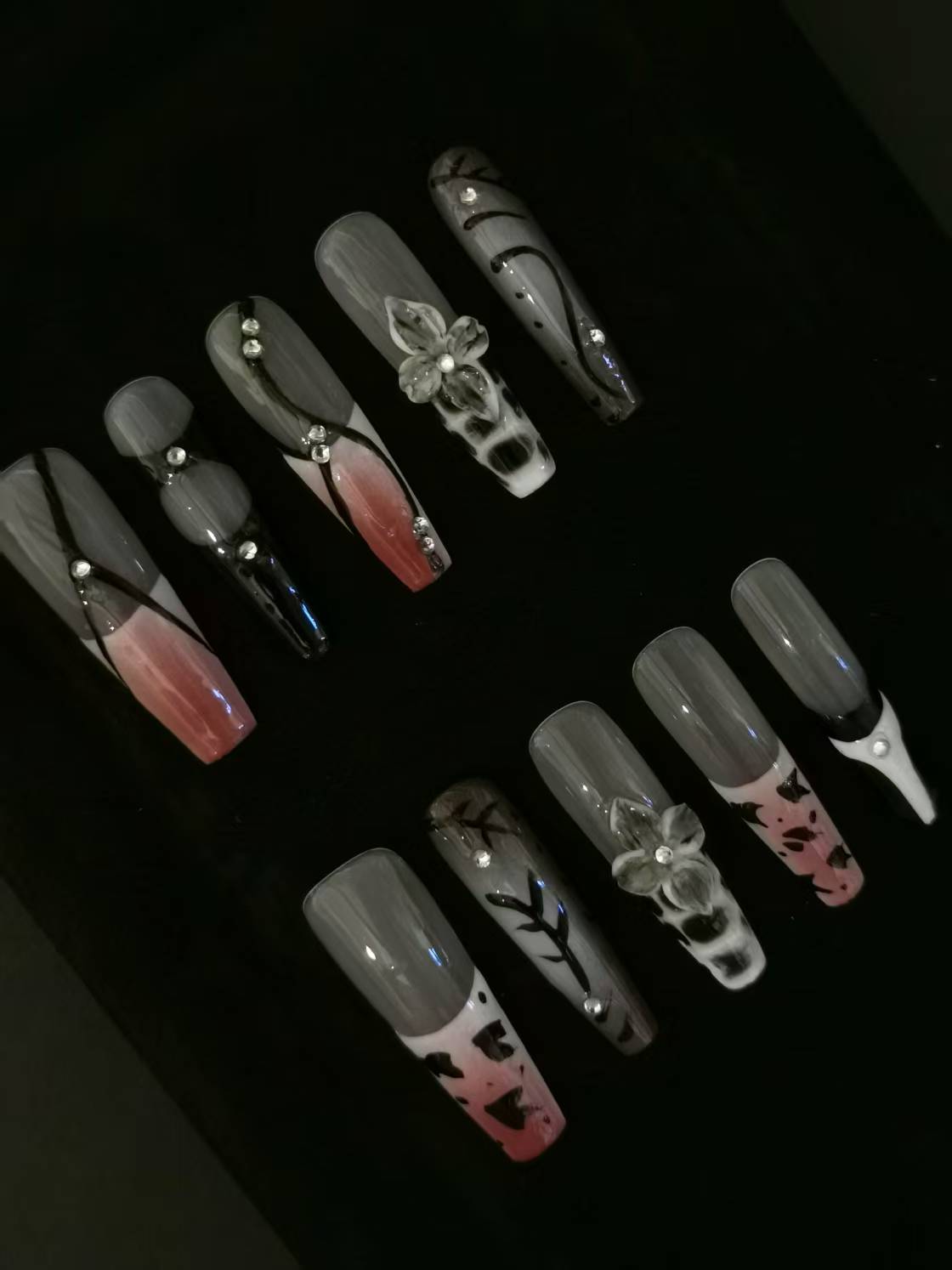 Handmade Acrylic 3D Flower Press on nails coffin square stiletto reusable durable NO:1048