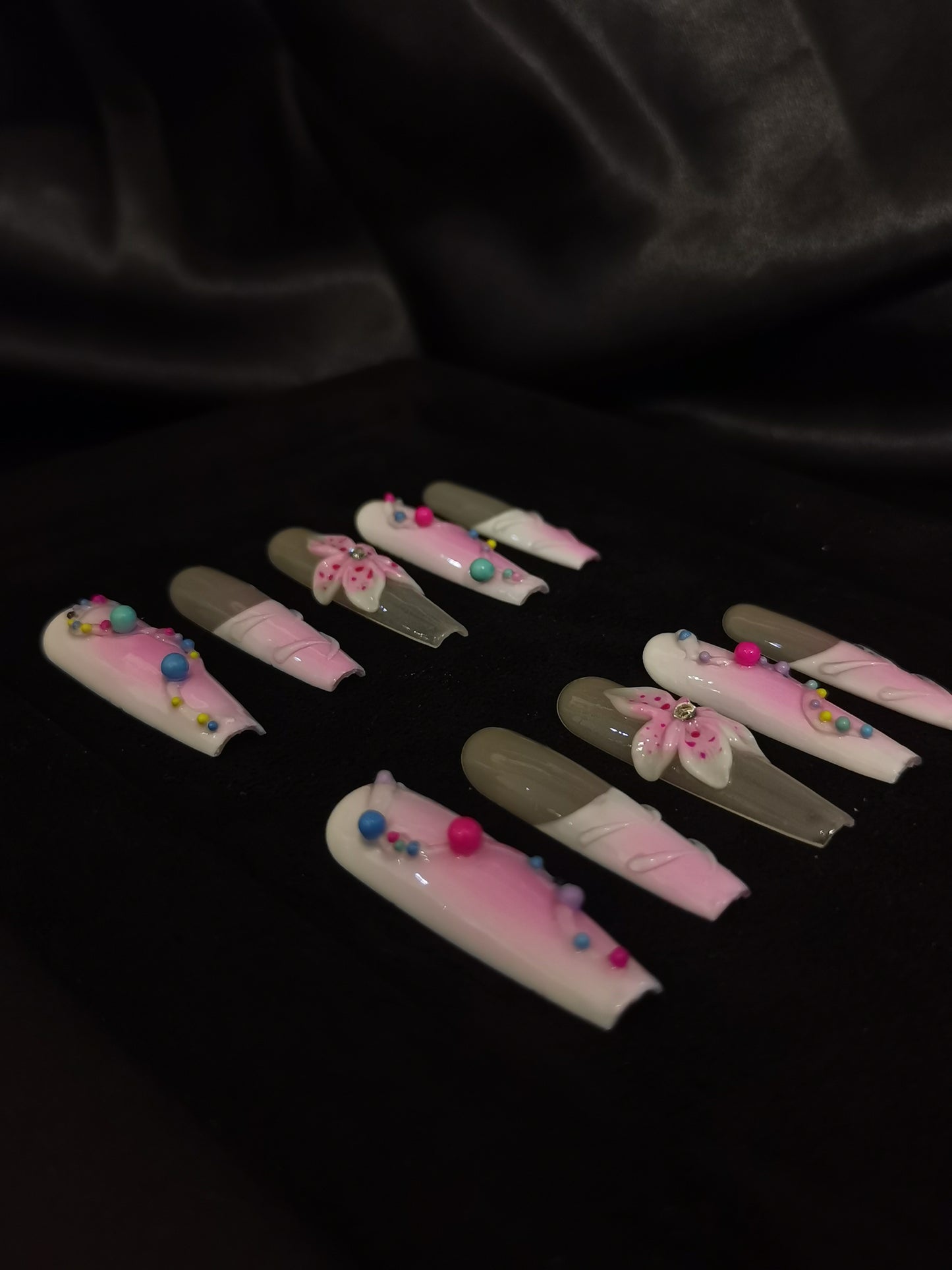 NO:1010 Acrylic 3D Flower Design Multiple Dots Press on nails square coffin stiletto reusable durable trendy 2025