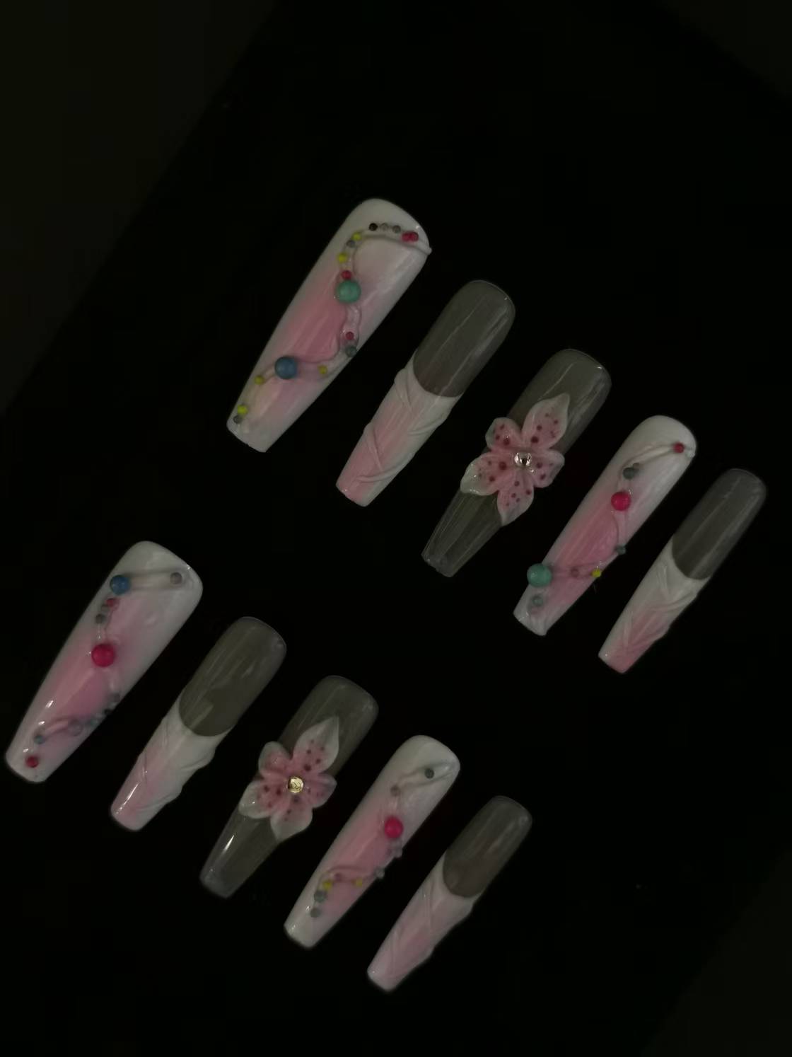 NO:1010 Acrylic 3D Flower Design Multiple Dots Press on nails square coffin stiletto reusable durable trendy 2025