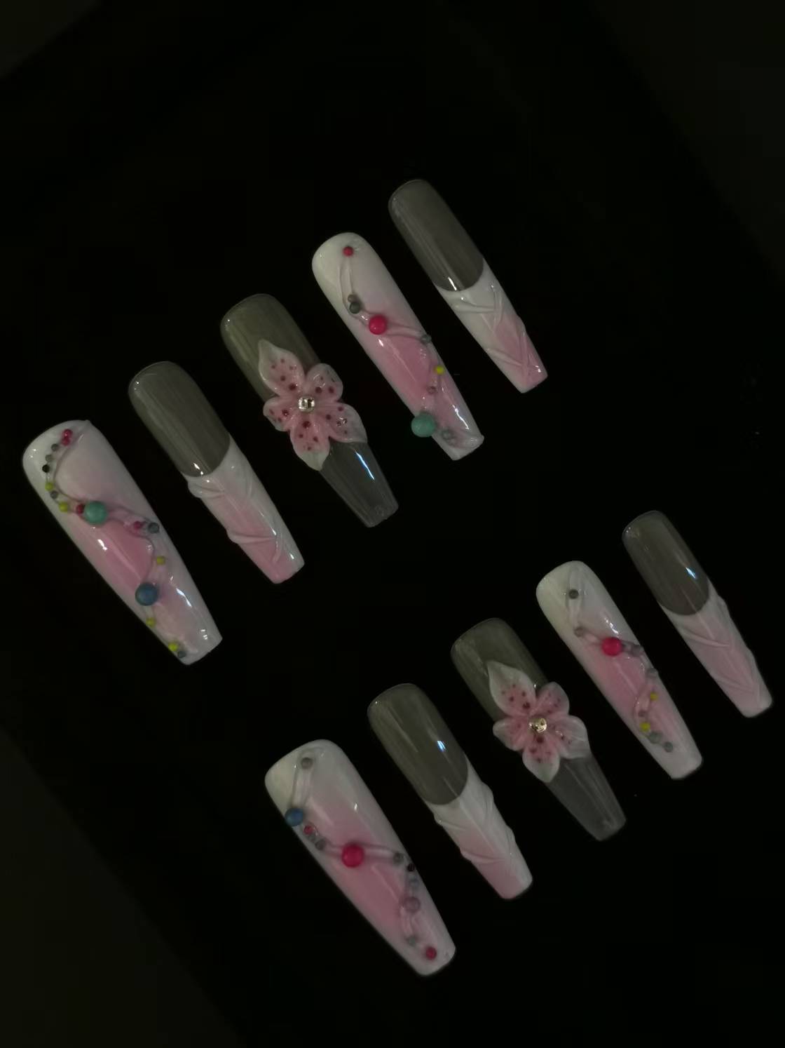 NO:1010 Acrylic 3D Flower Design Multiple Dots Press on nails square coffin stiletto reusable durable trendy 2025