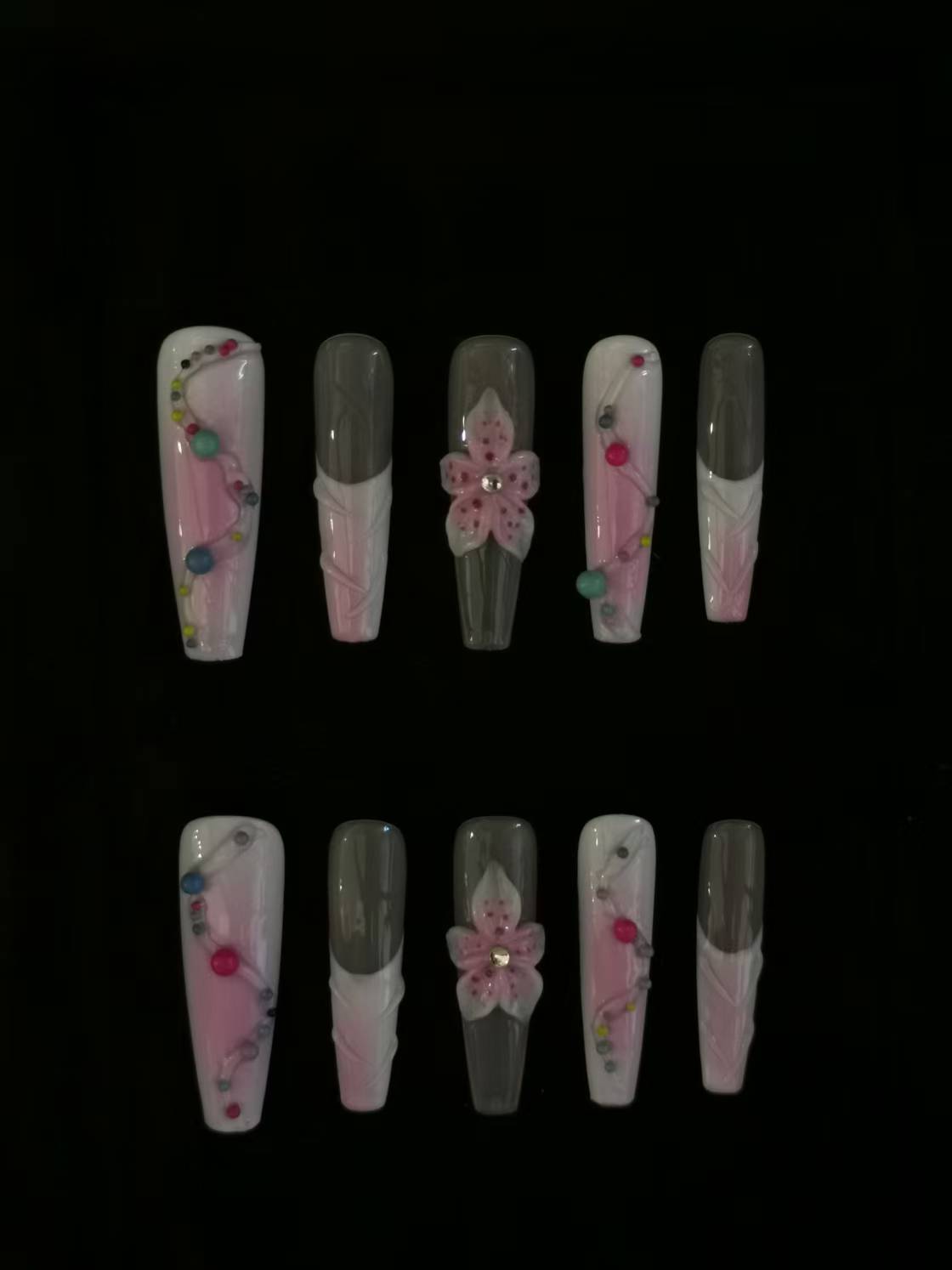 NO:1010 Acrylic 3D Flower Design Multiple Dots Press on nails square coffin stiletto reusable durable trendy 2025