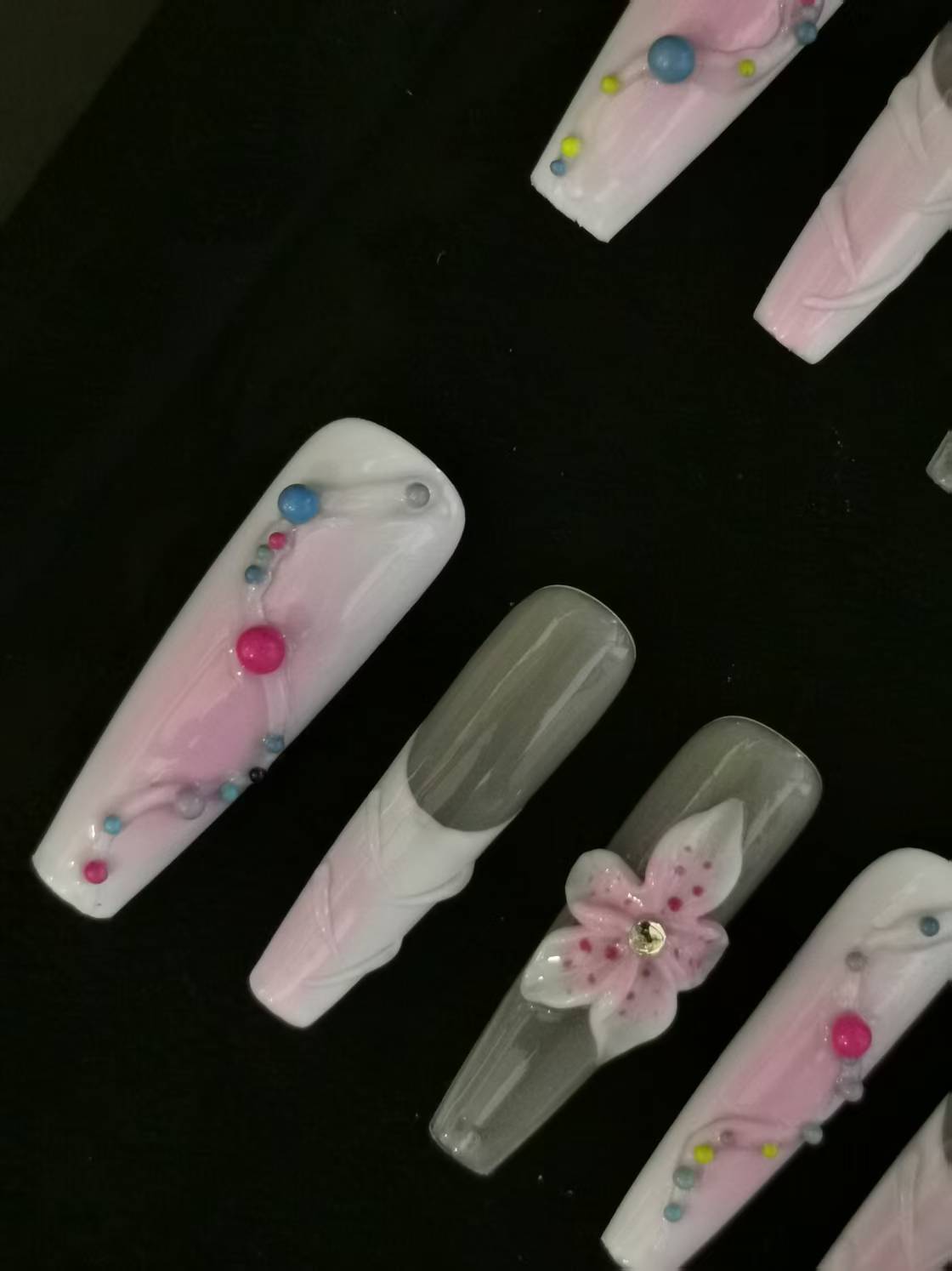 NO:1010 Acrylic 3D Flower Design Multiple Dots Press on nails square coffin stiletto reusable durable trendy 2025