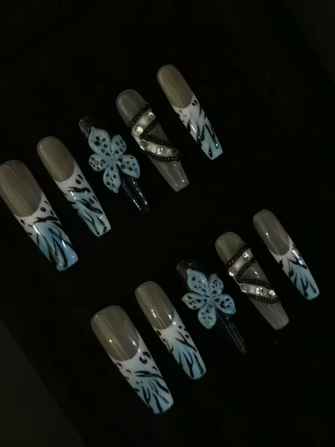 Handmade Acrylic 3D Flower Belt design Press on nails coffin square stiletto reusable durable NO:1027