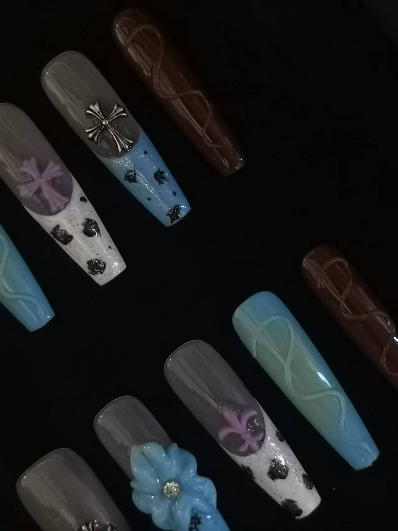Handmade Acrylic 3D Flower Press on nails coffin square stiletto reusable durable NO:1014
