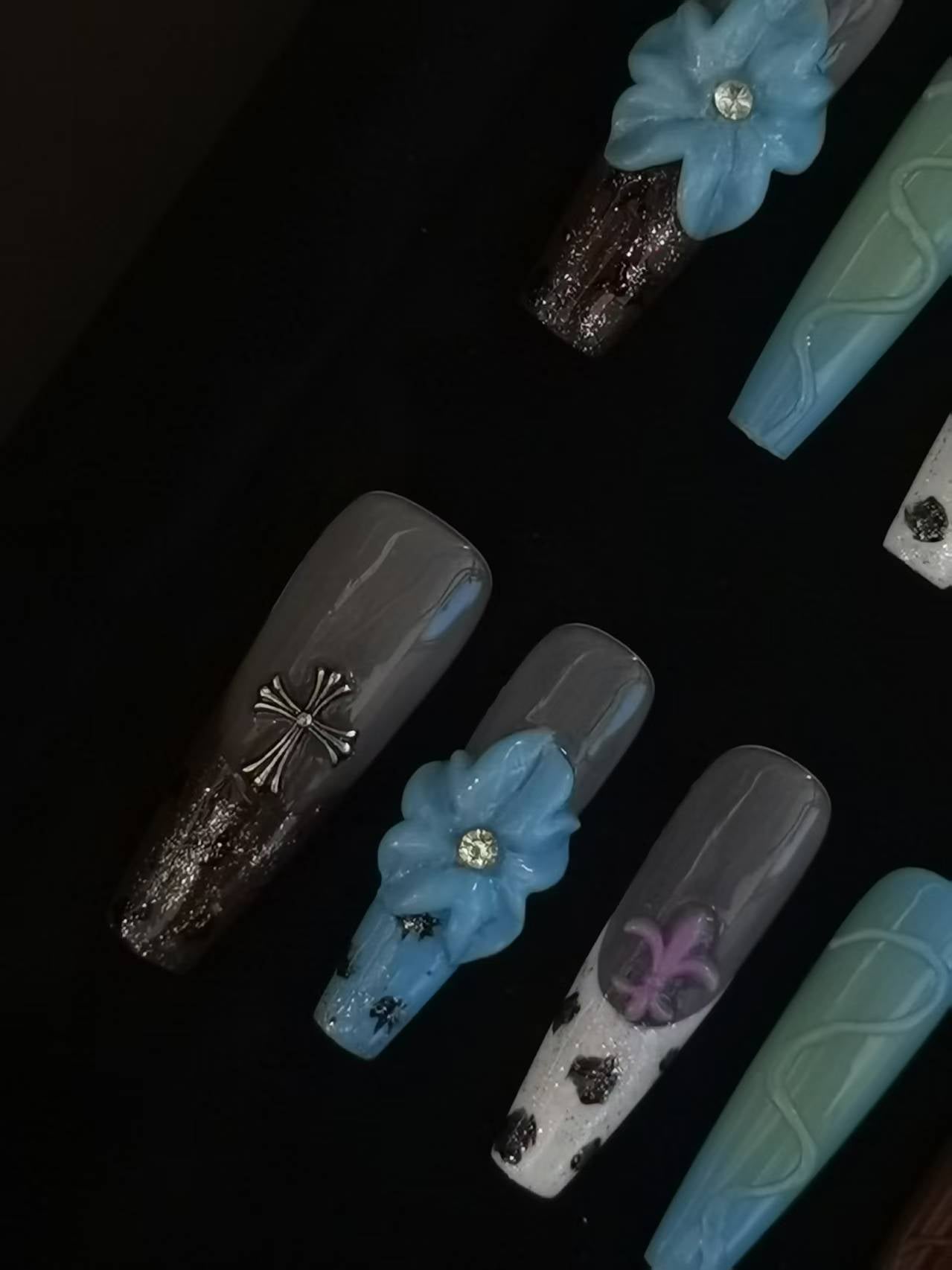 Handmade Acrylic 3D Flower Press on nails coffin square stiletto reusable durable NO:1014